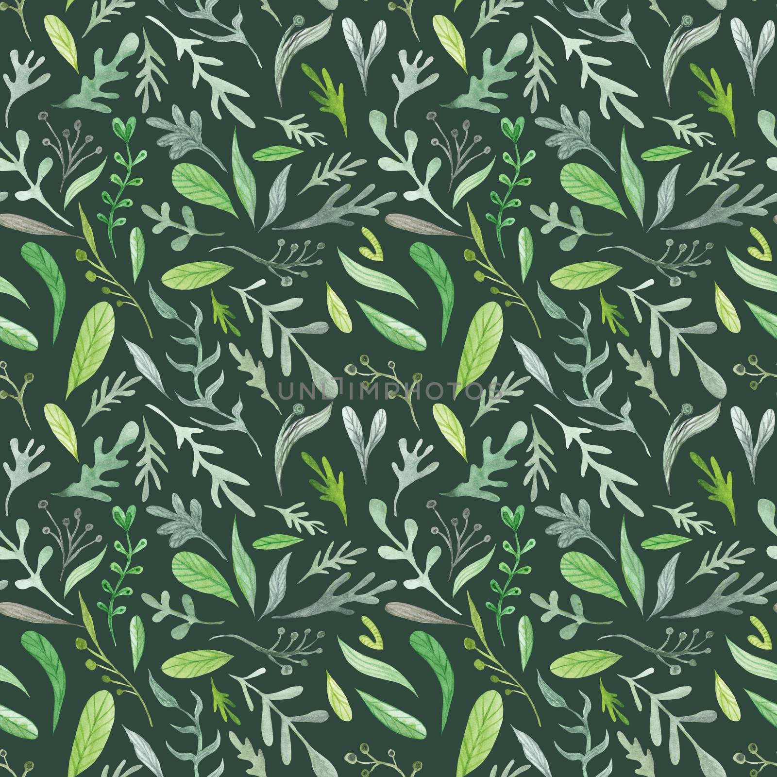 Seamless hand-painted pattern with bright leaves on dark background
