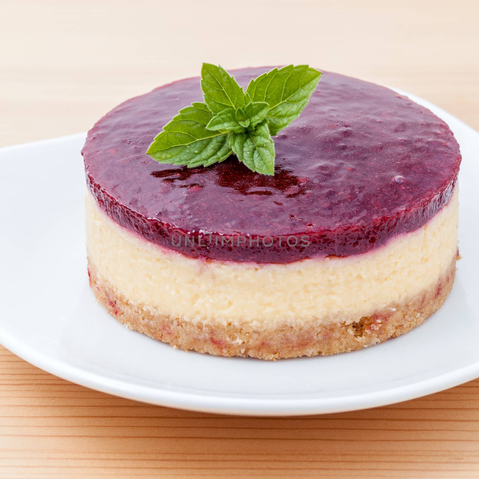 Blueberry cheesecake with fresh mint leaves on wooden background. Selective focus depth of field.