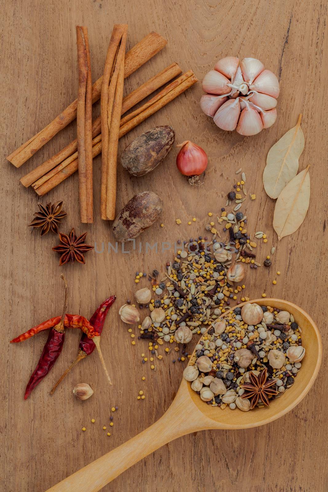 Assorted of spices  in wooden spoon  black pepper ,white pepper, black mustard,yellow mustard,fenugreek,cumin ,curry powder ,paprika and  fennel seeds on teak wood background.