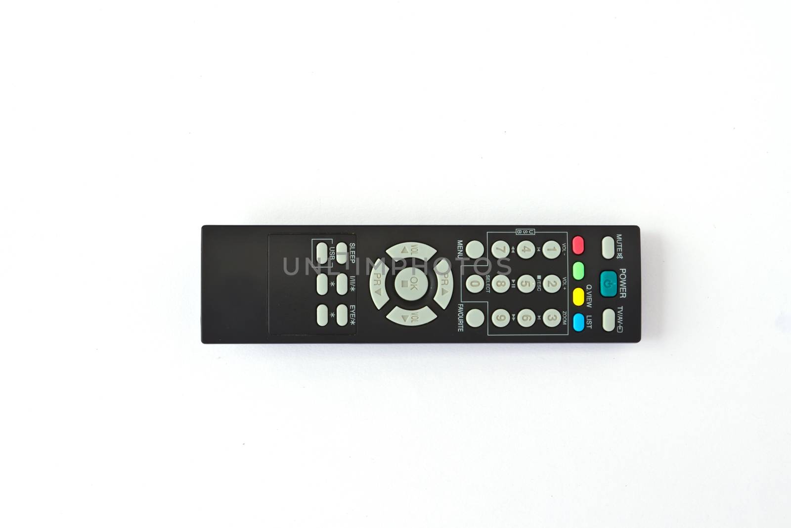A remote TV controller over a white background 

