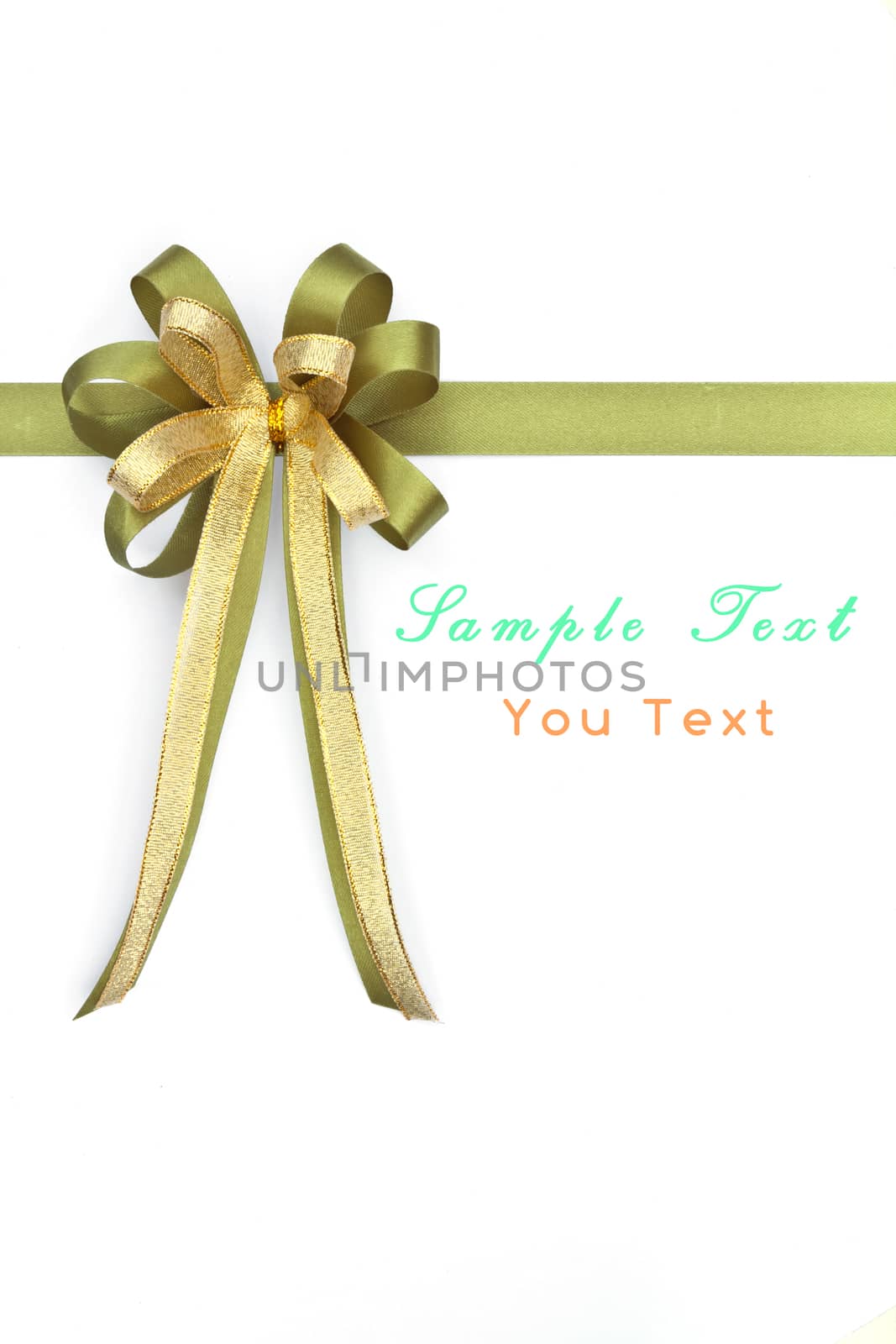 Beautiful green and gold bow on white background 