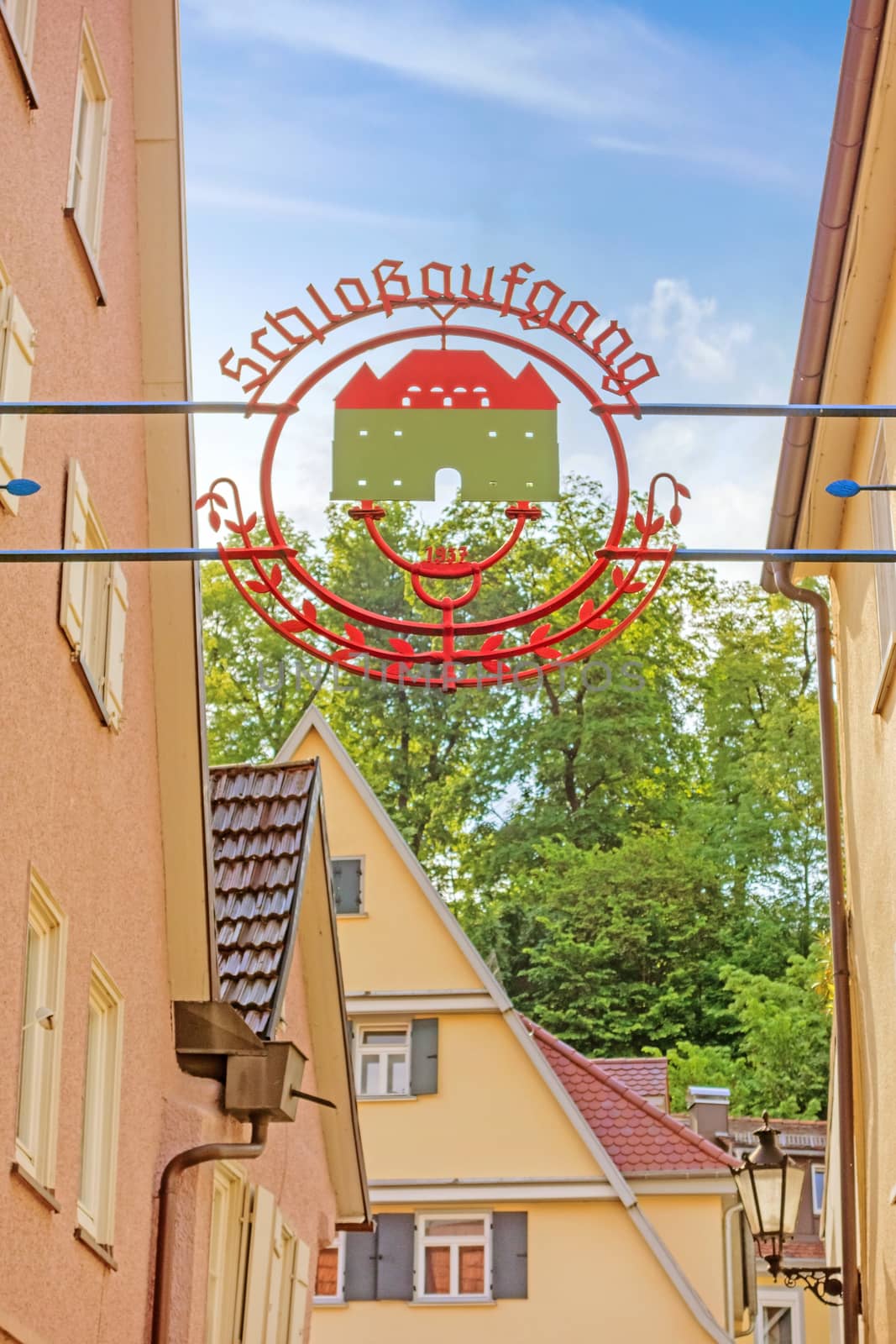 Heidenheim an der Brenz, Germany - May 26, 2016: Pedestrian area of Heidenheim - castle way up (Schlossaufgang) - sign between houses