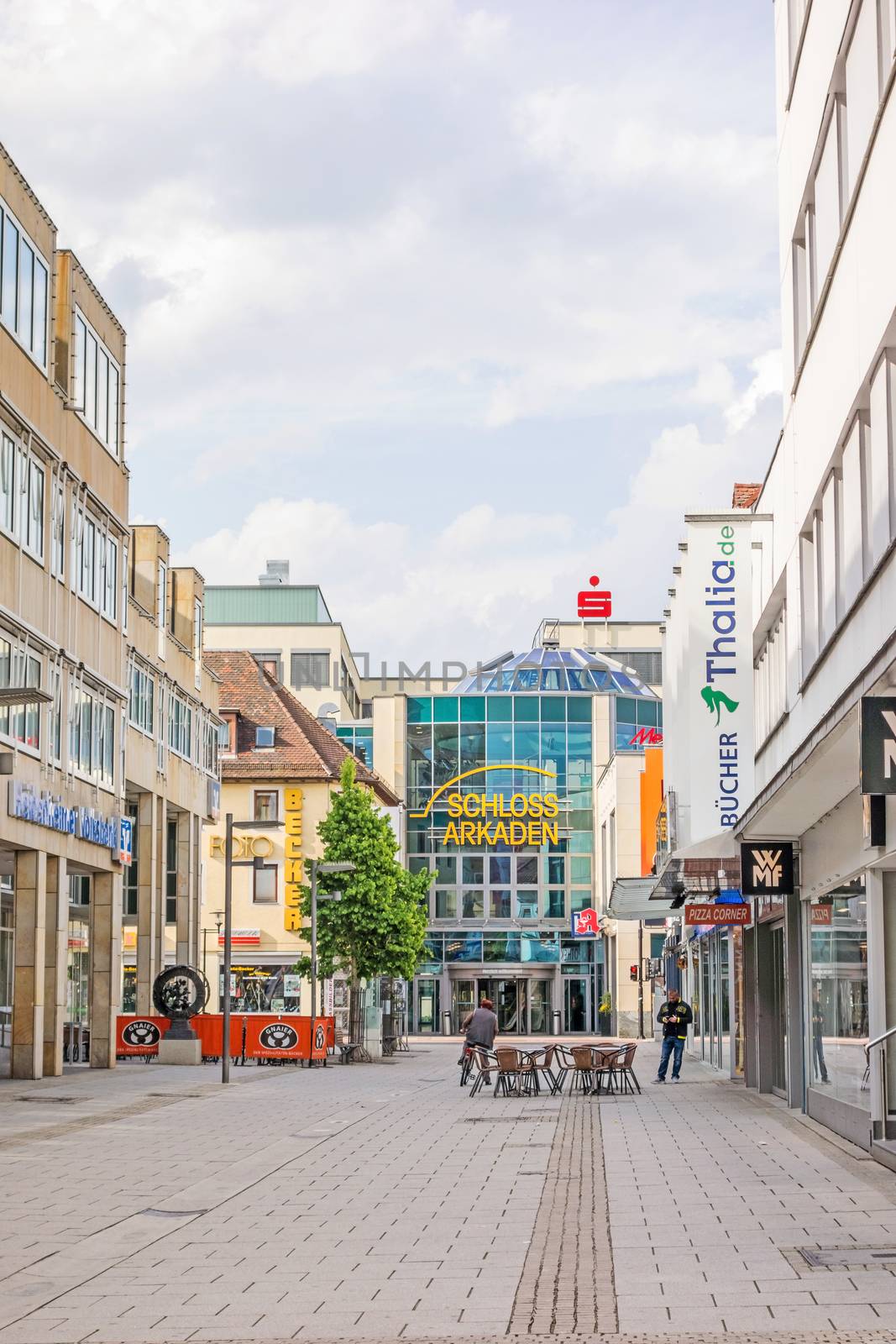 Heidenheim an der Brenz, Germany - May 26, 2016: Pedestrian area of Heidenheim - view towards the shopping mall Schloss Arkaden.