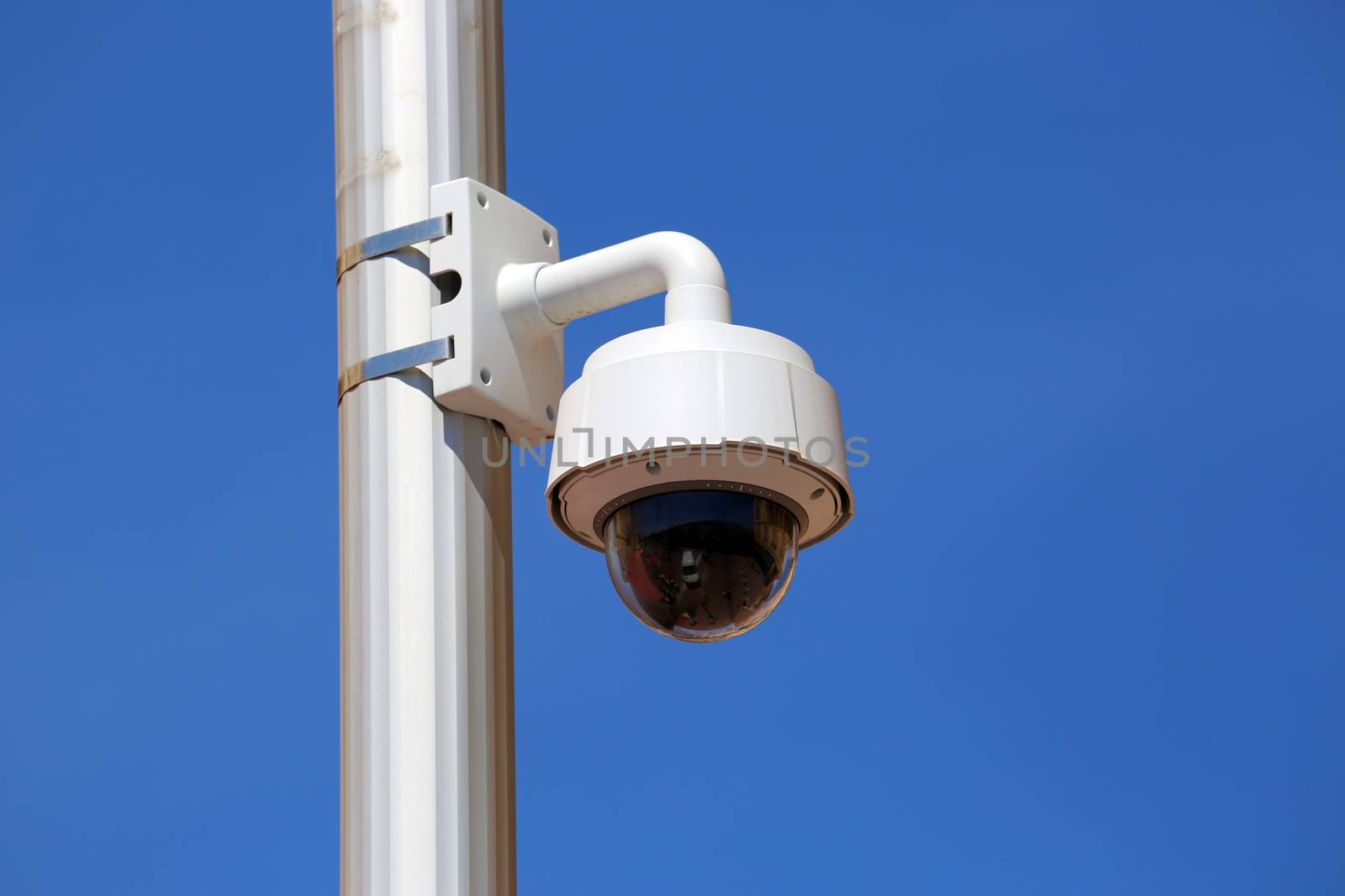 Dome Type Outdoor CCTV Camera on Street Lamp in Nice, France
