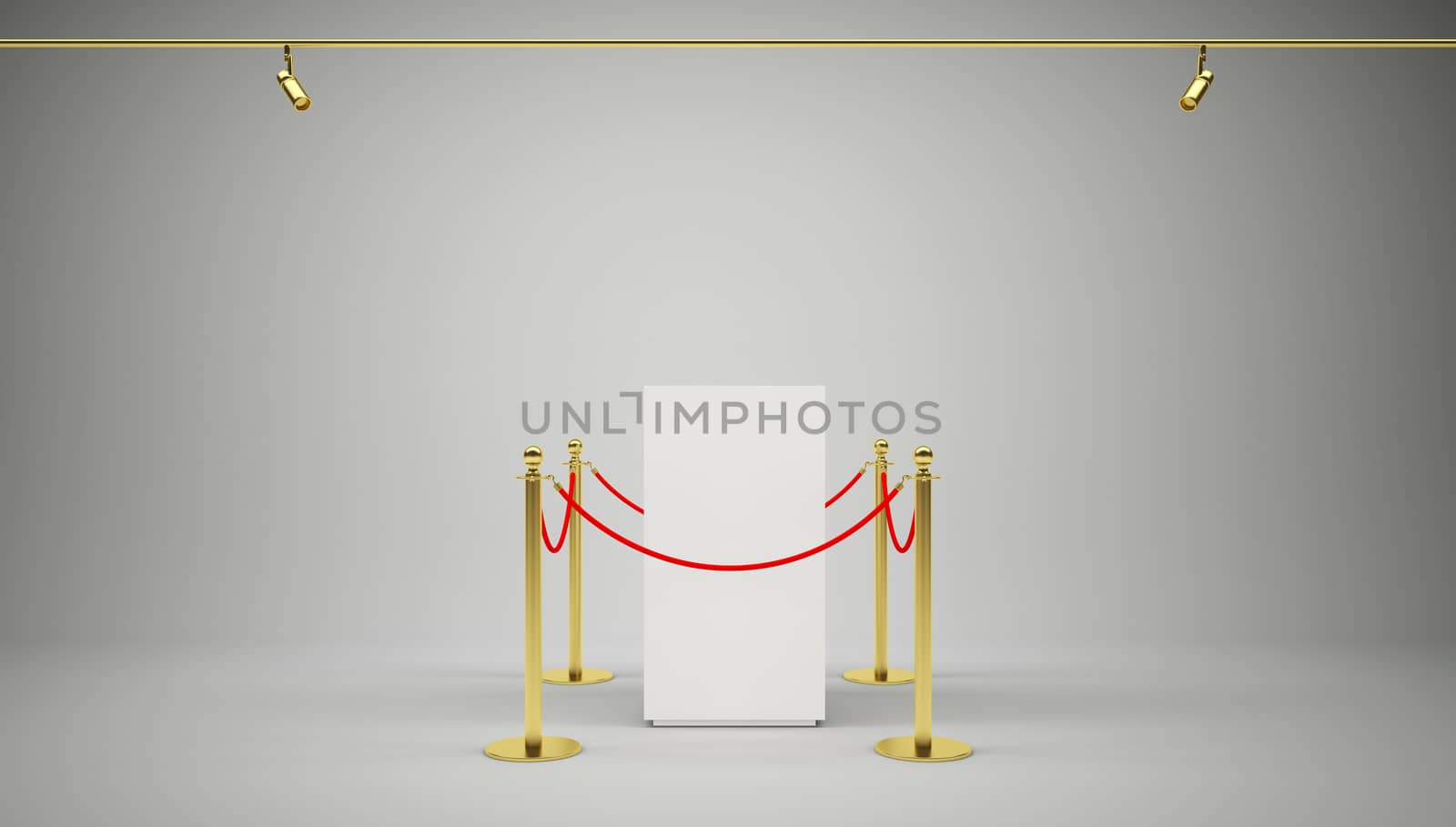 Golden fence, stanchion with red barrier rope, on gradient gray background. 3D illustration