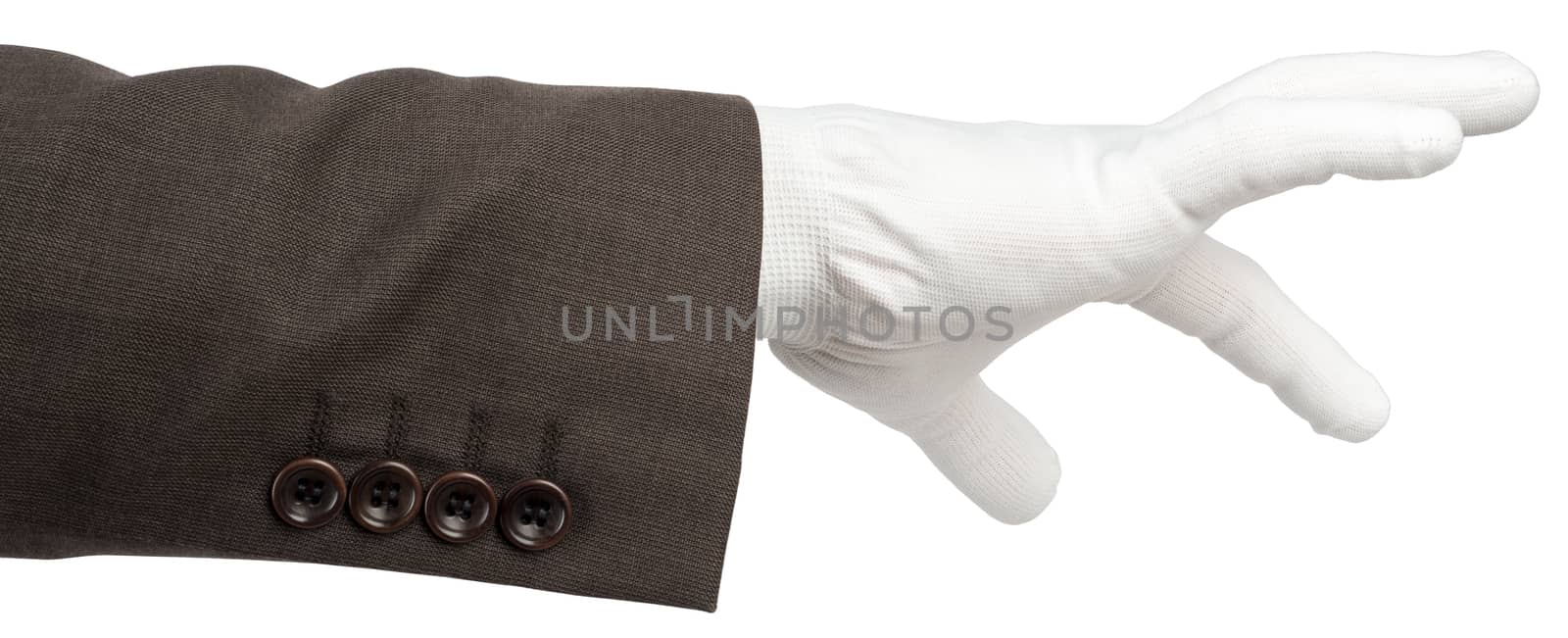 Business man hand in glove isolated on white background, closeup