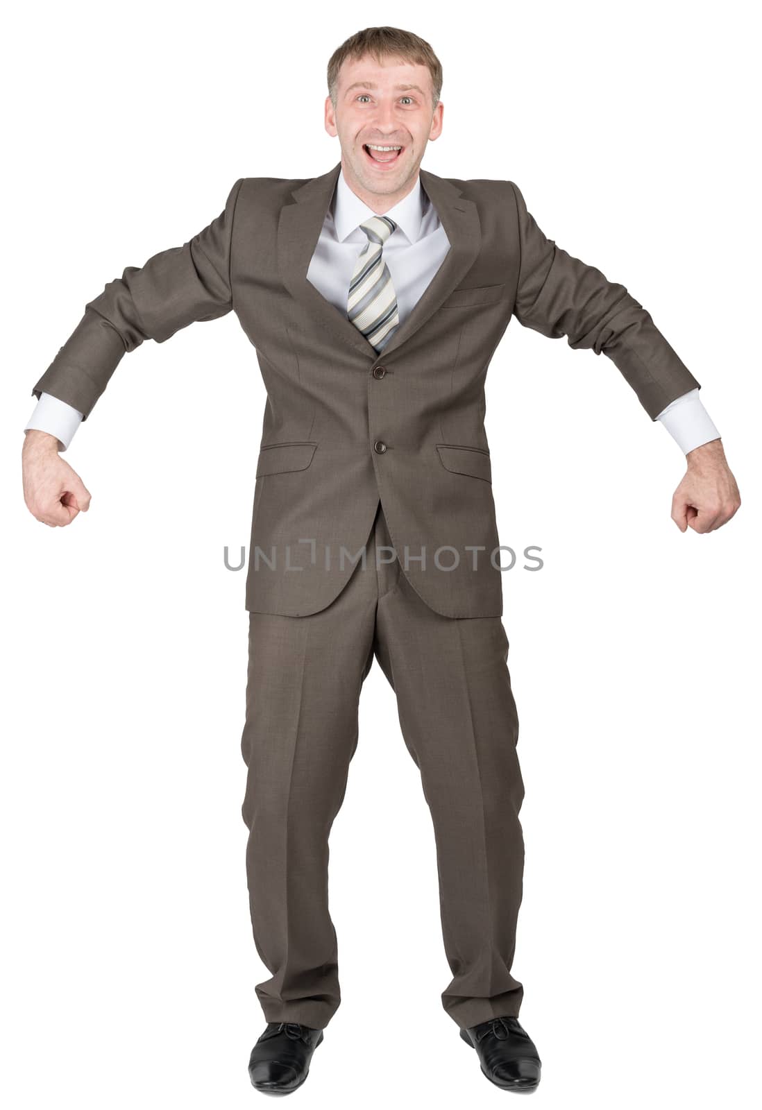 Happy businessman in suit ready to work isolated on white background