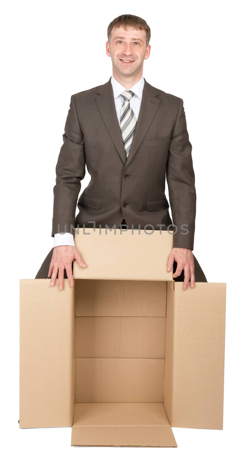 Business man holding empty box isolated over white background