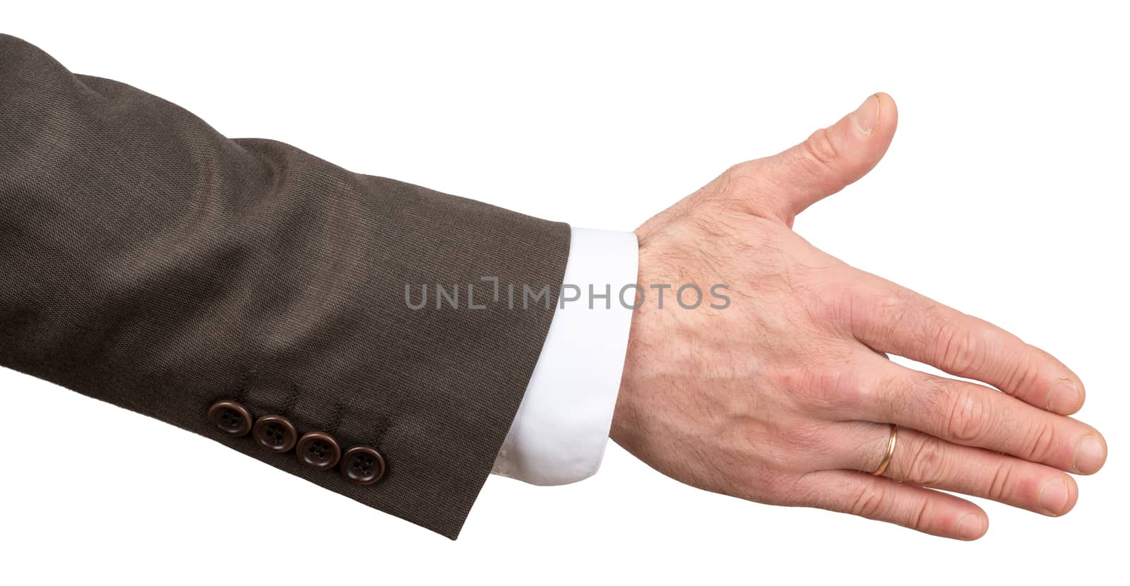 Giving male hand in business suit isolated on white background