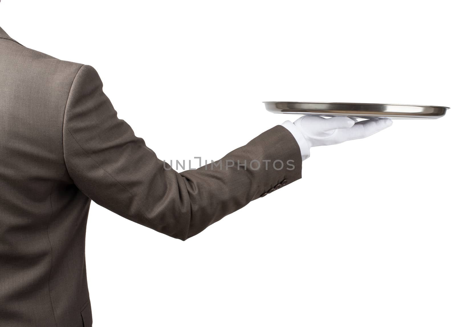 Arm in white glove with empty flat plate isolated on white background