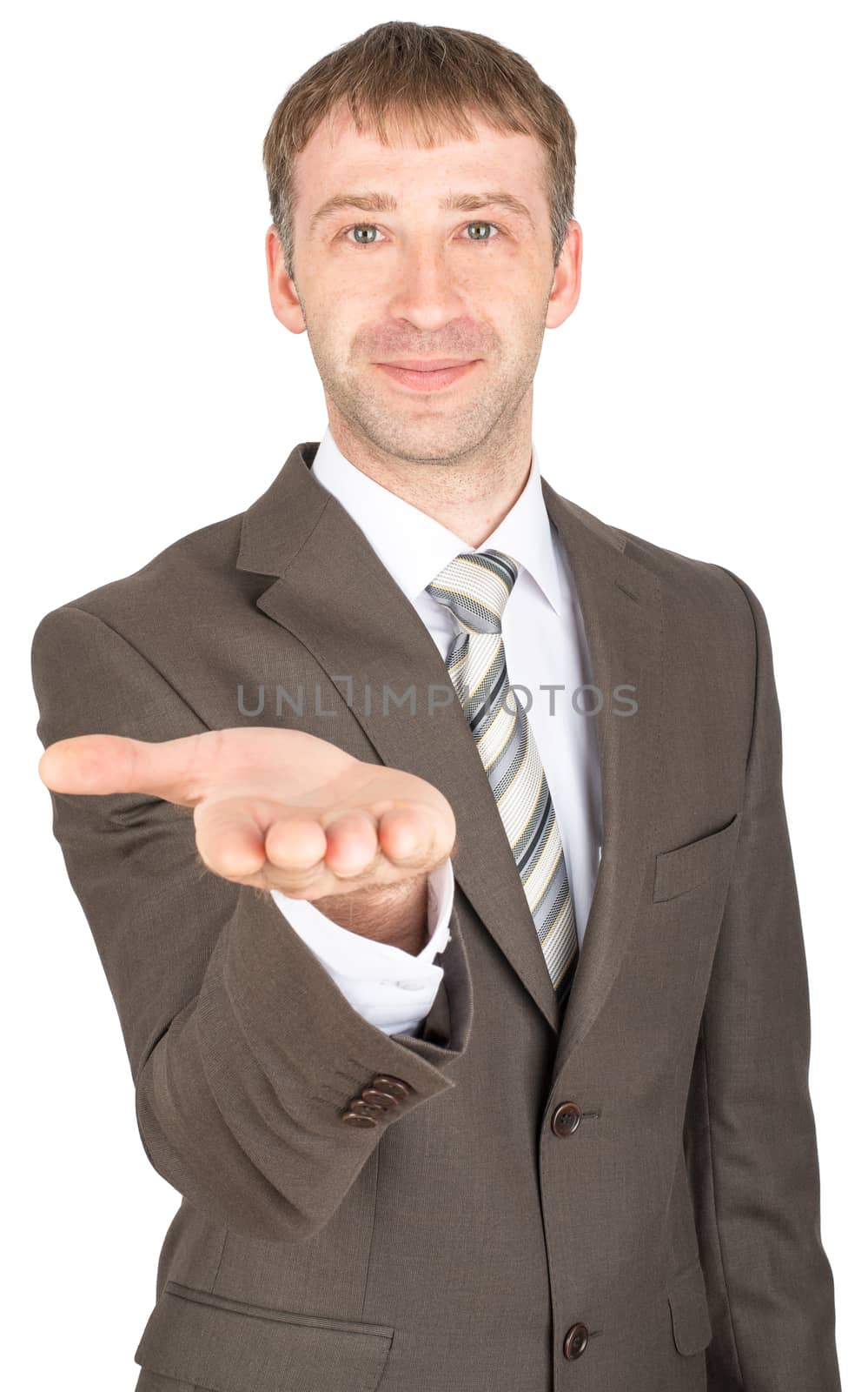 Smiling man giving hand isolated on white background