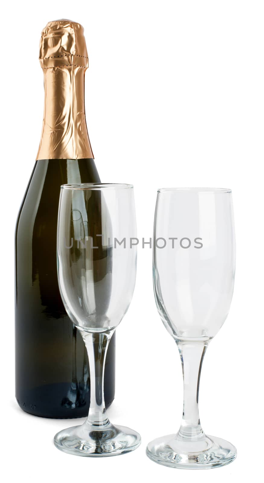 Champagne bottle and two champagne glasses isolated on white background