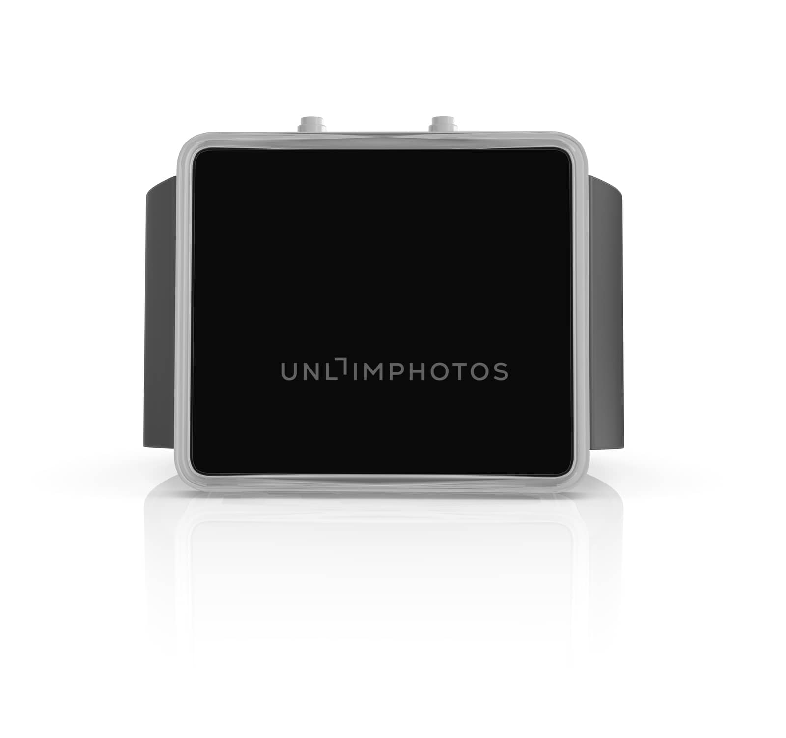 Electronic wristwatch with empty black screen on white background. 3D rendering