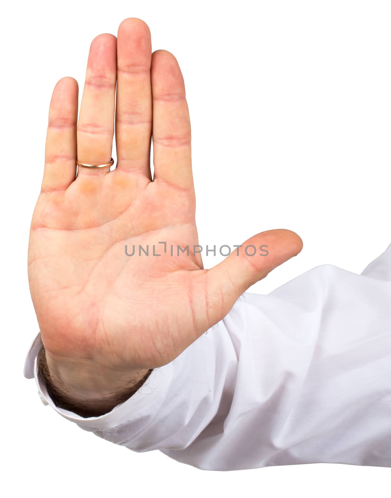 Businessman showing STOP isolated on white background