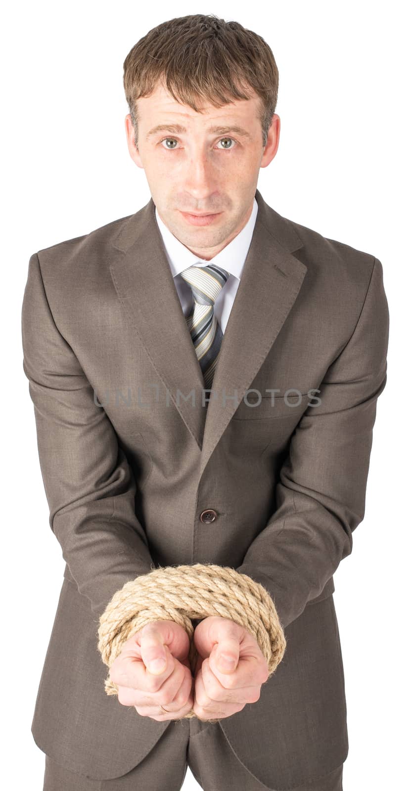 Sad businessman bound with rope isolated on white background