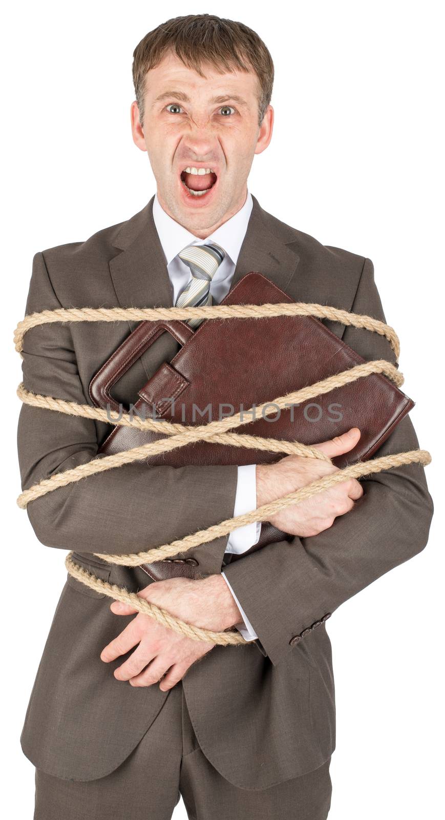 Businessman and briefcase tied with rope screaming isolated
