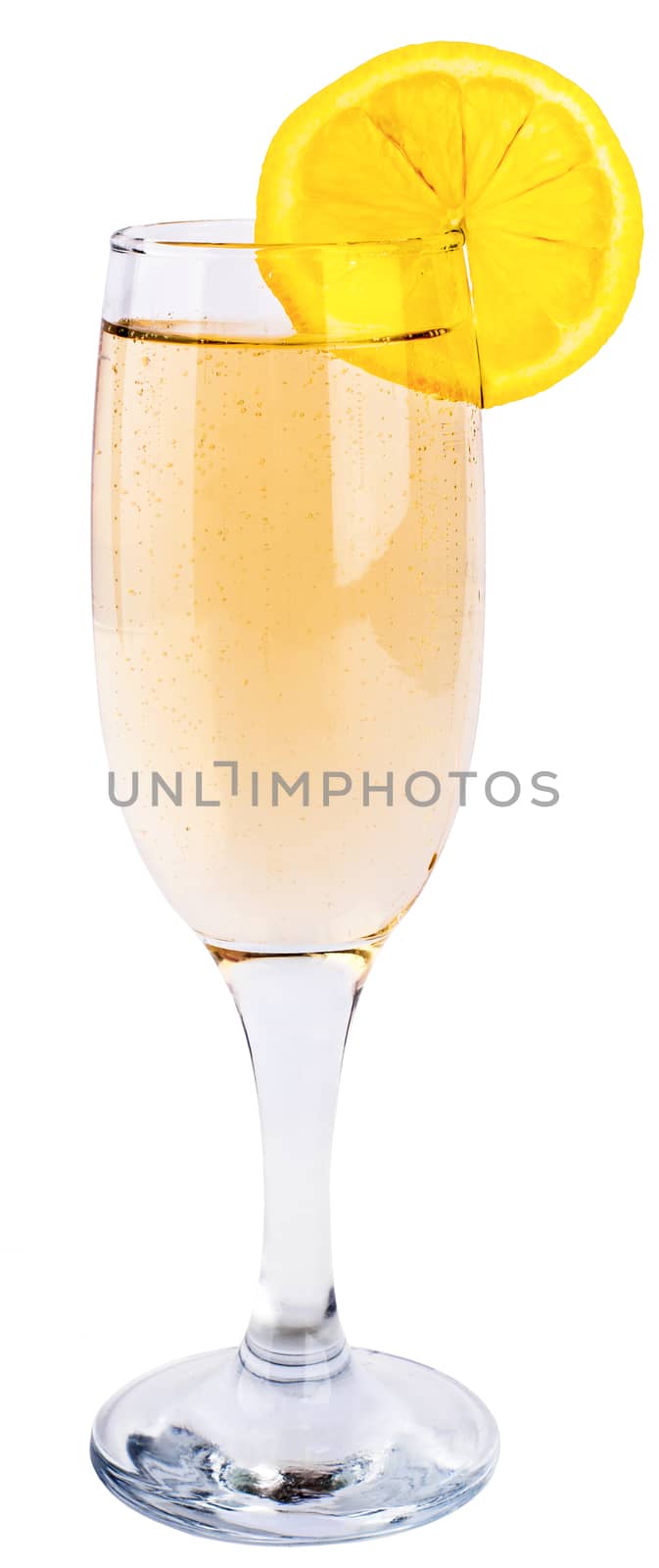 Glass of champagne with lemon slice by cherezoff