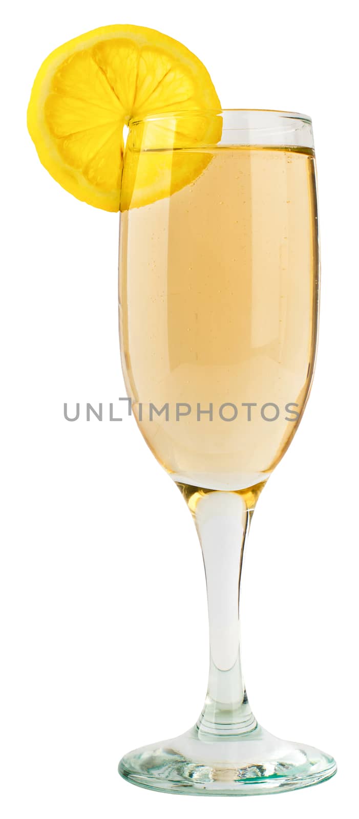 Glass of champagne with lemon slice by cherezoff