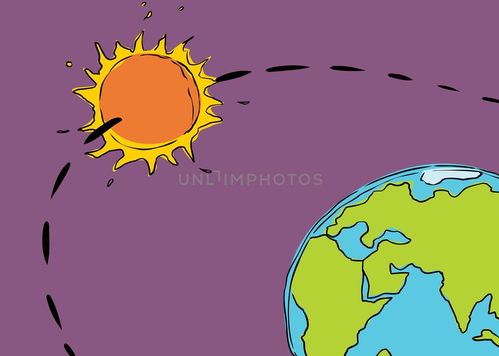Cartoon of the sun orbiting the planet earth for concept about geocentrism