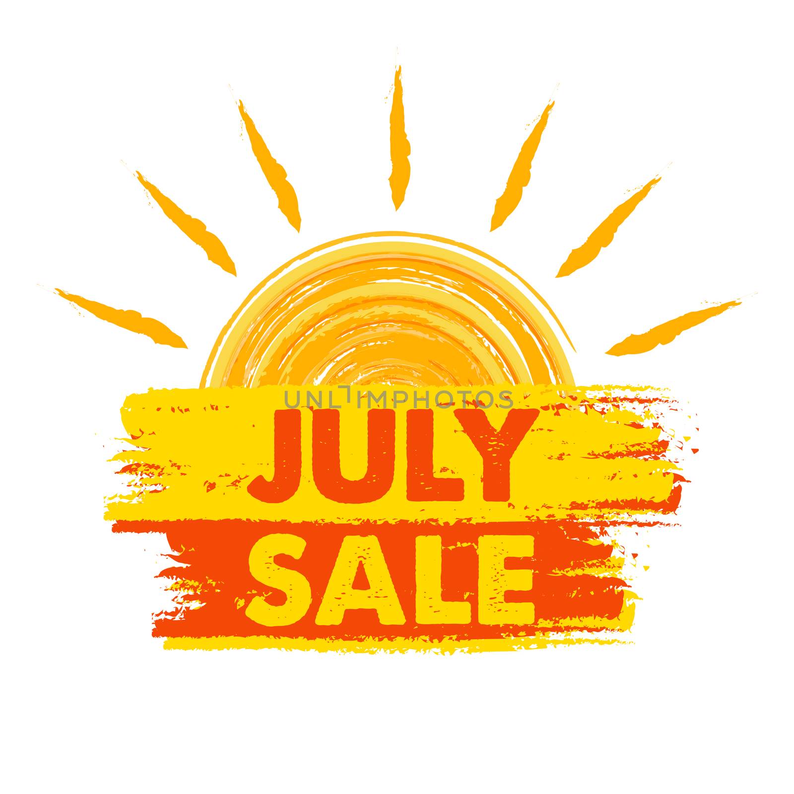 july sale with sun sign, yellow and orange drawn label
 by marinini