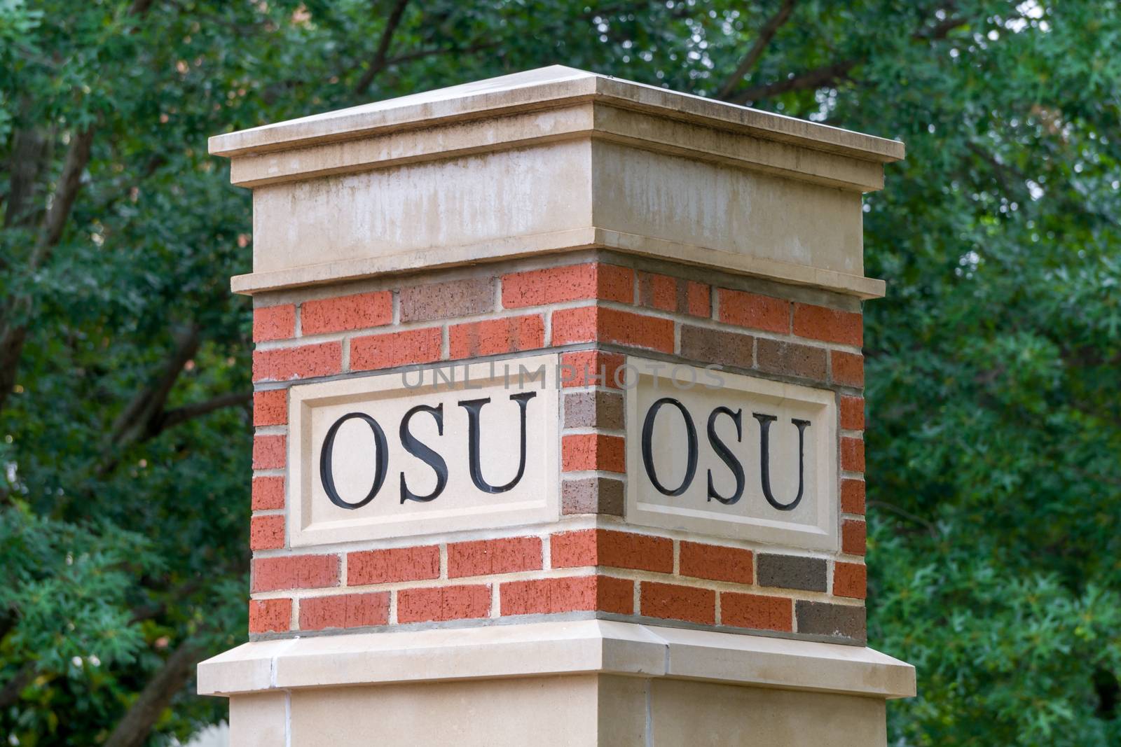 STILLWATER, OK/USA - MAY 20, 2016: OSU Lettering on column on the campus of Oklahoma State University.