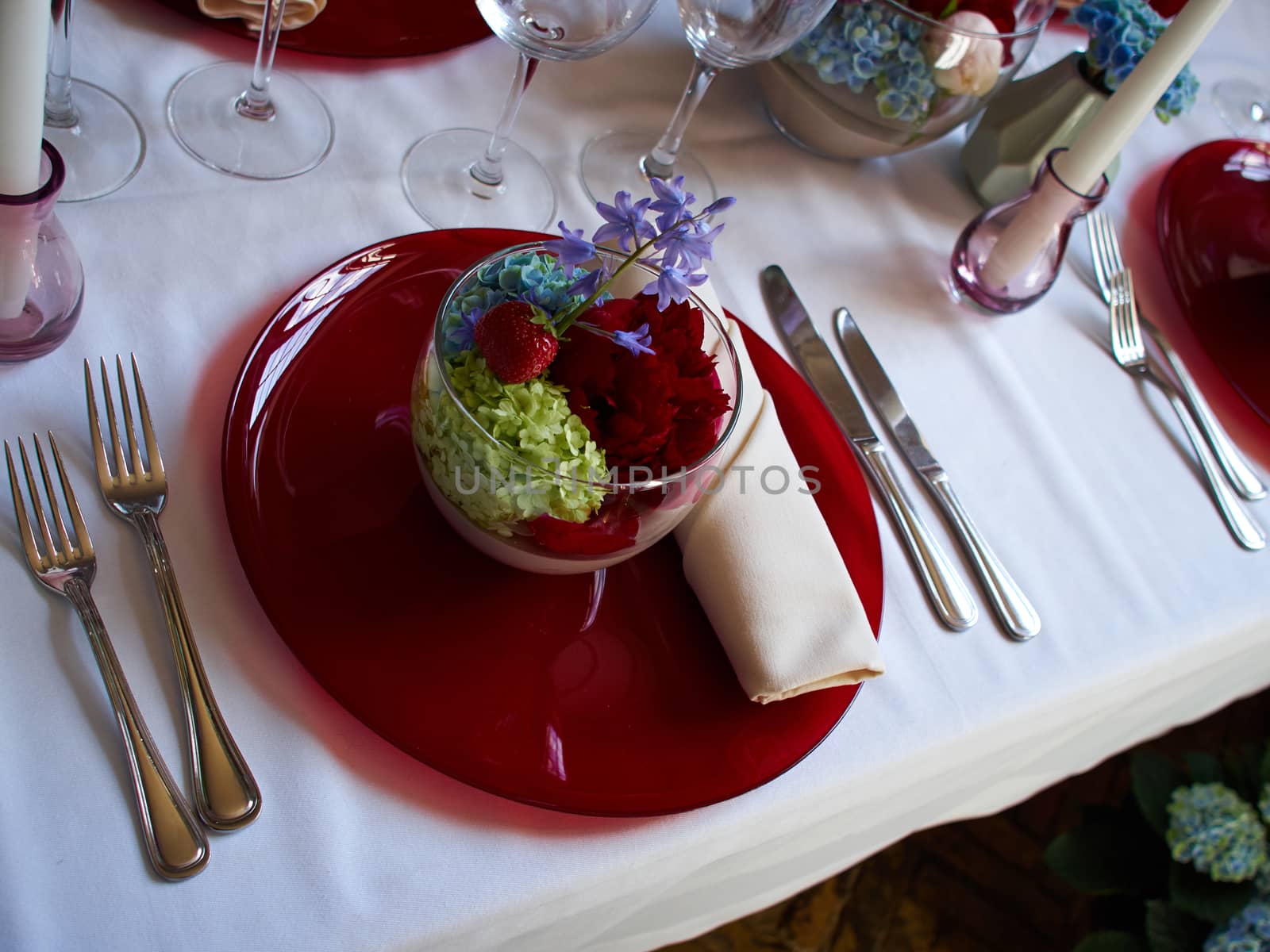 Beautiful festive creative colorful table setting in a restaurant hotel