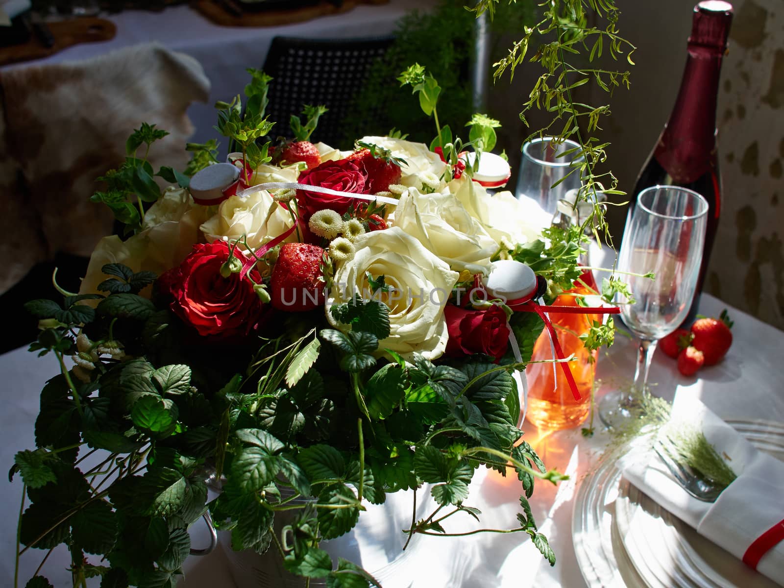 Beautiful festive creative colorful table setting in a restaurant hotel