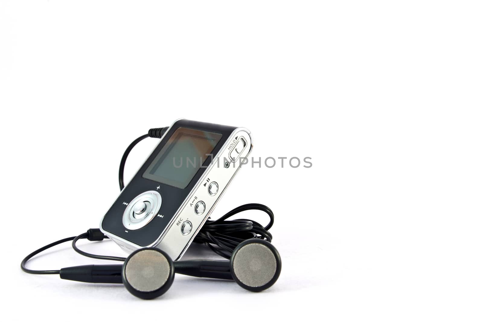 mp3 player and headphones isolated on white background 