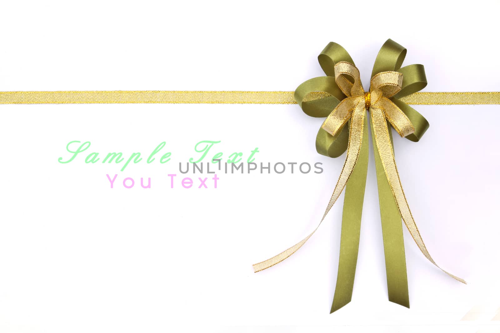 Beautiful green and gold bow on white background 