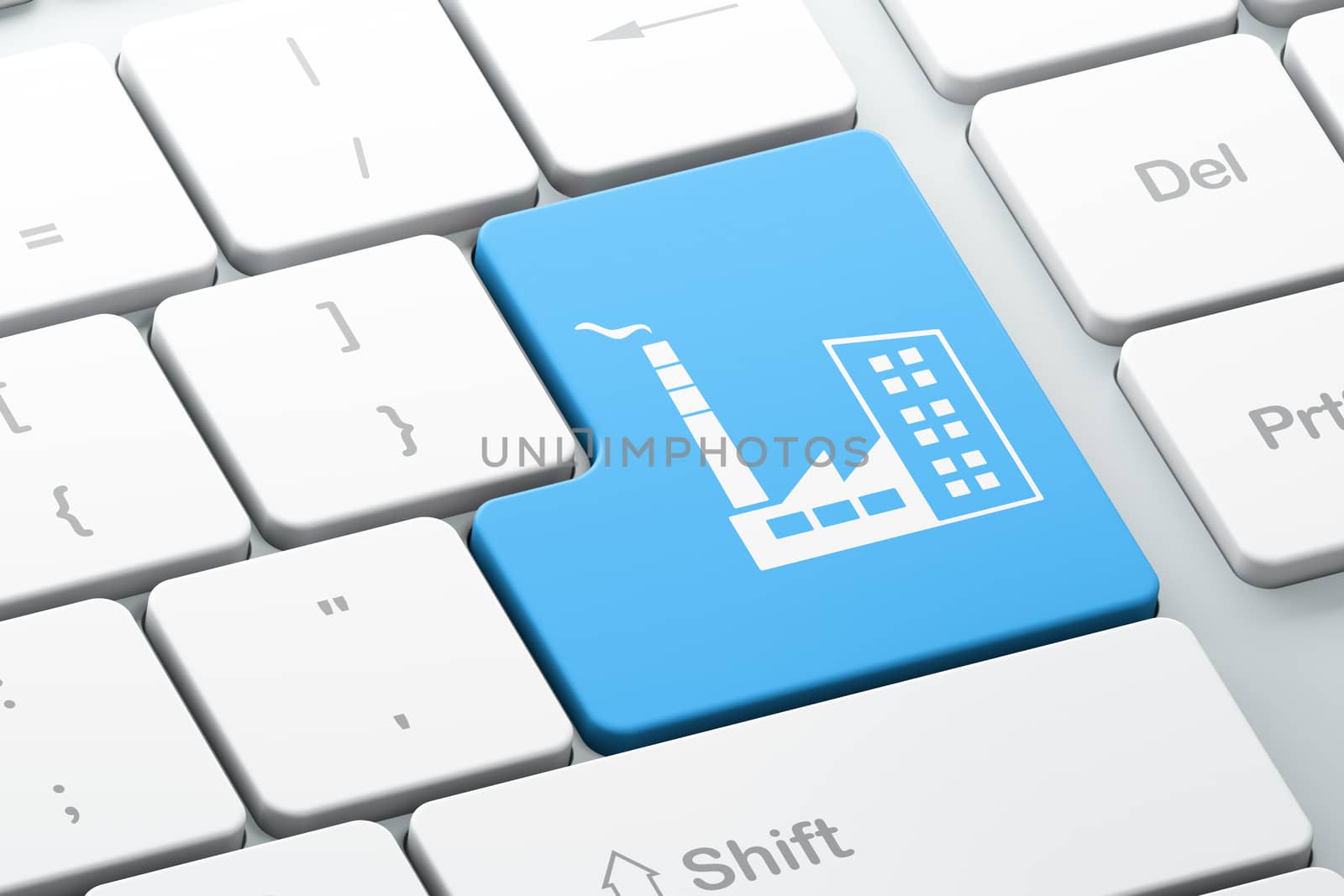 Manufacuring concept: Enter button with Industry Building on computer keyboard background, 3D rendering