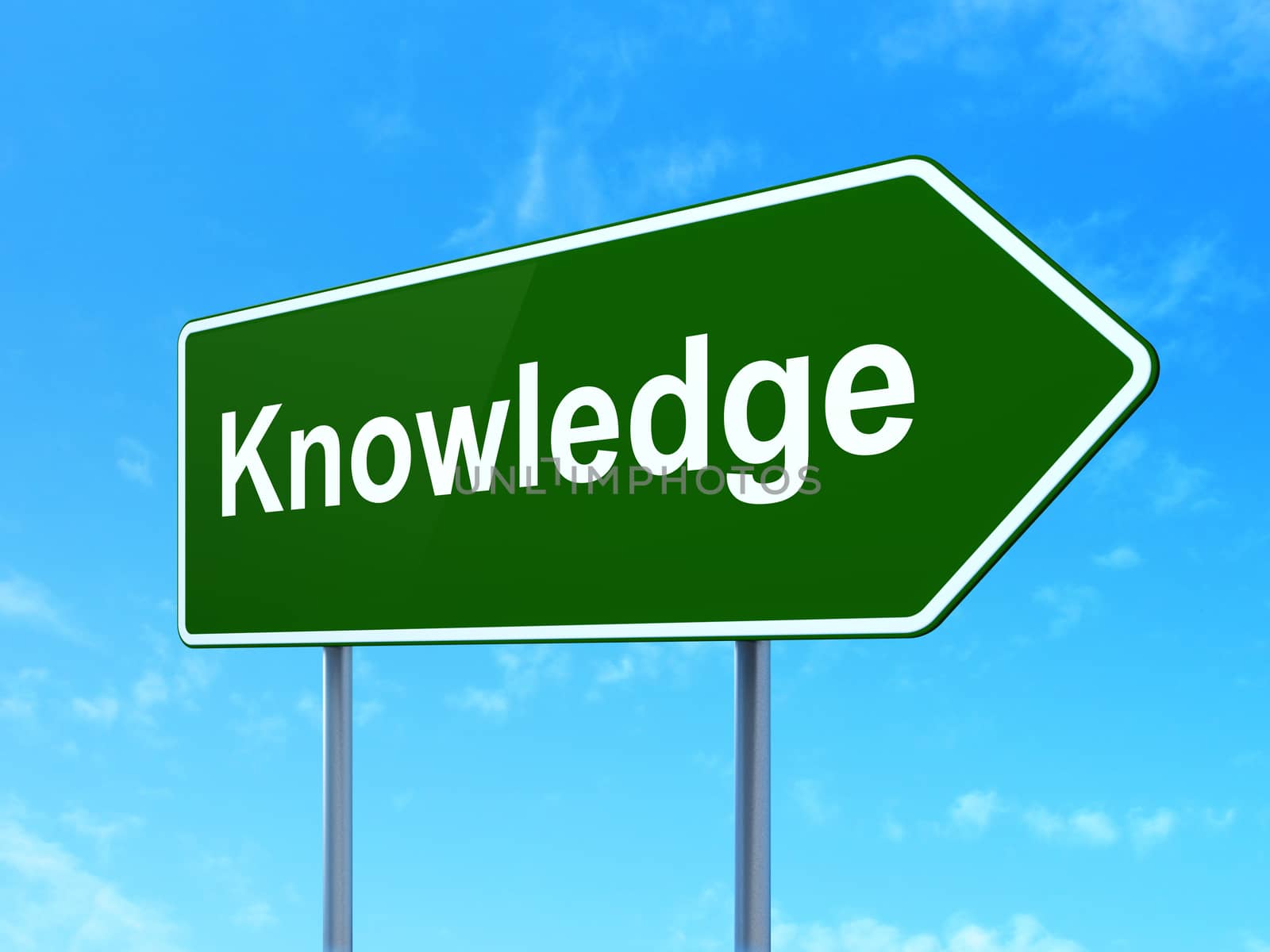 Learning concept: Knowledge on green road highway sign, clear blue sky background, 3D rendering