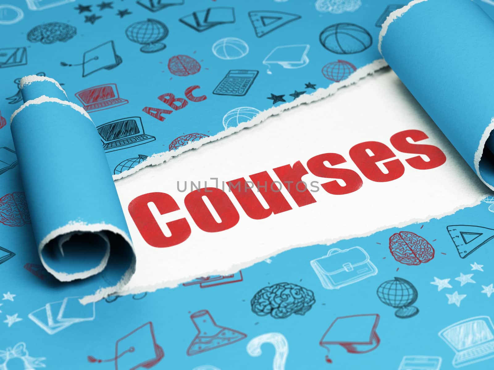 Learning concept: red text Courses under the curled piece of Blue torn paper with  Hand Drawn Education Icons, 3D rendering