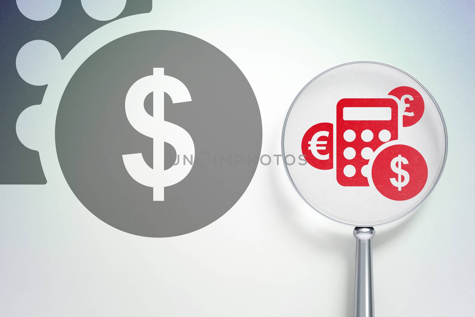 News concept: magnifying optical glass with Calculator icon on digital background, empty copyspace for card, text, advertising, 3D rendering