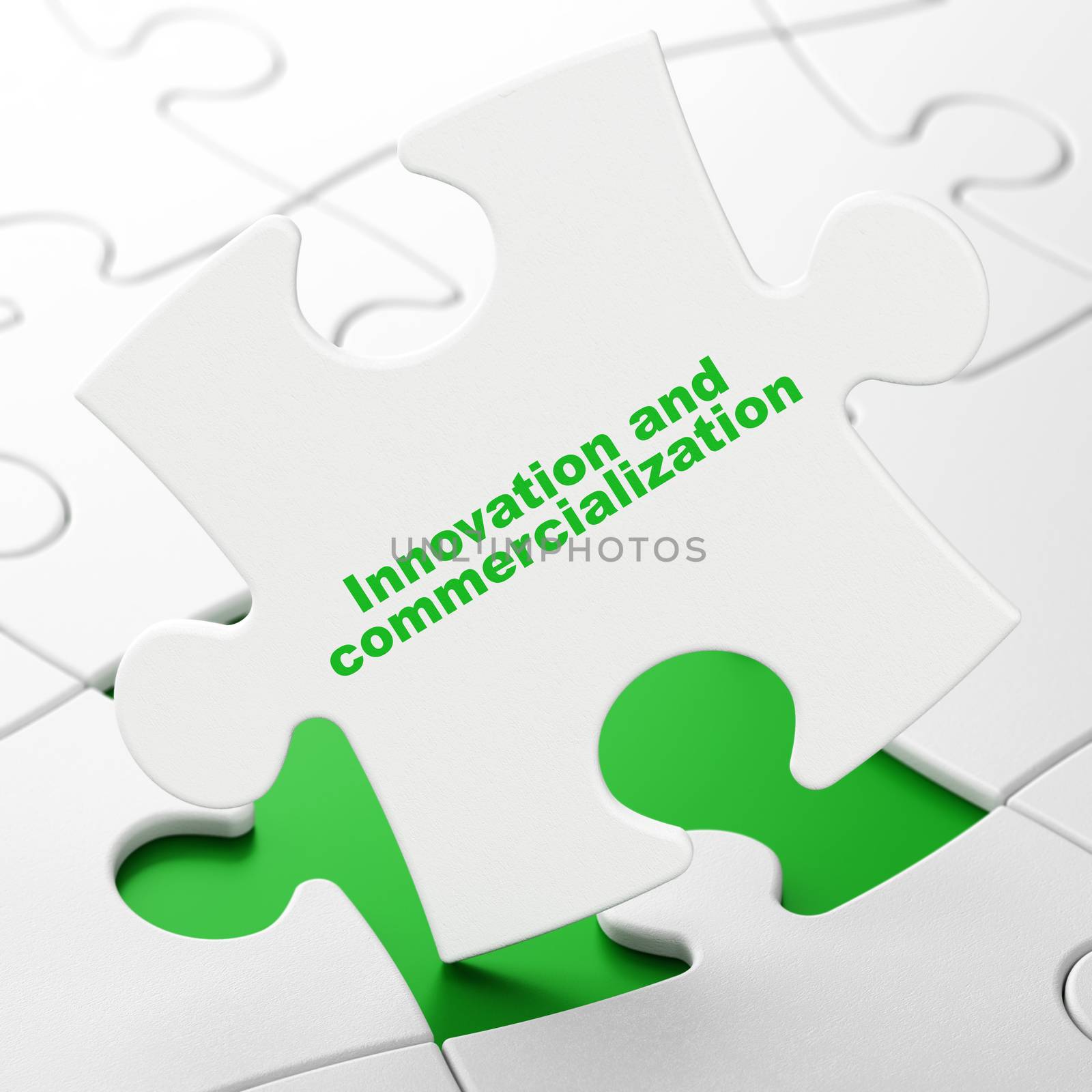Science concept: Innovation And Commercialization on White puzzle pieces background, 3D rendering