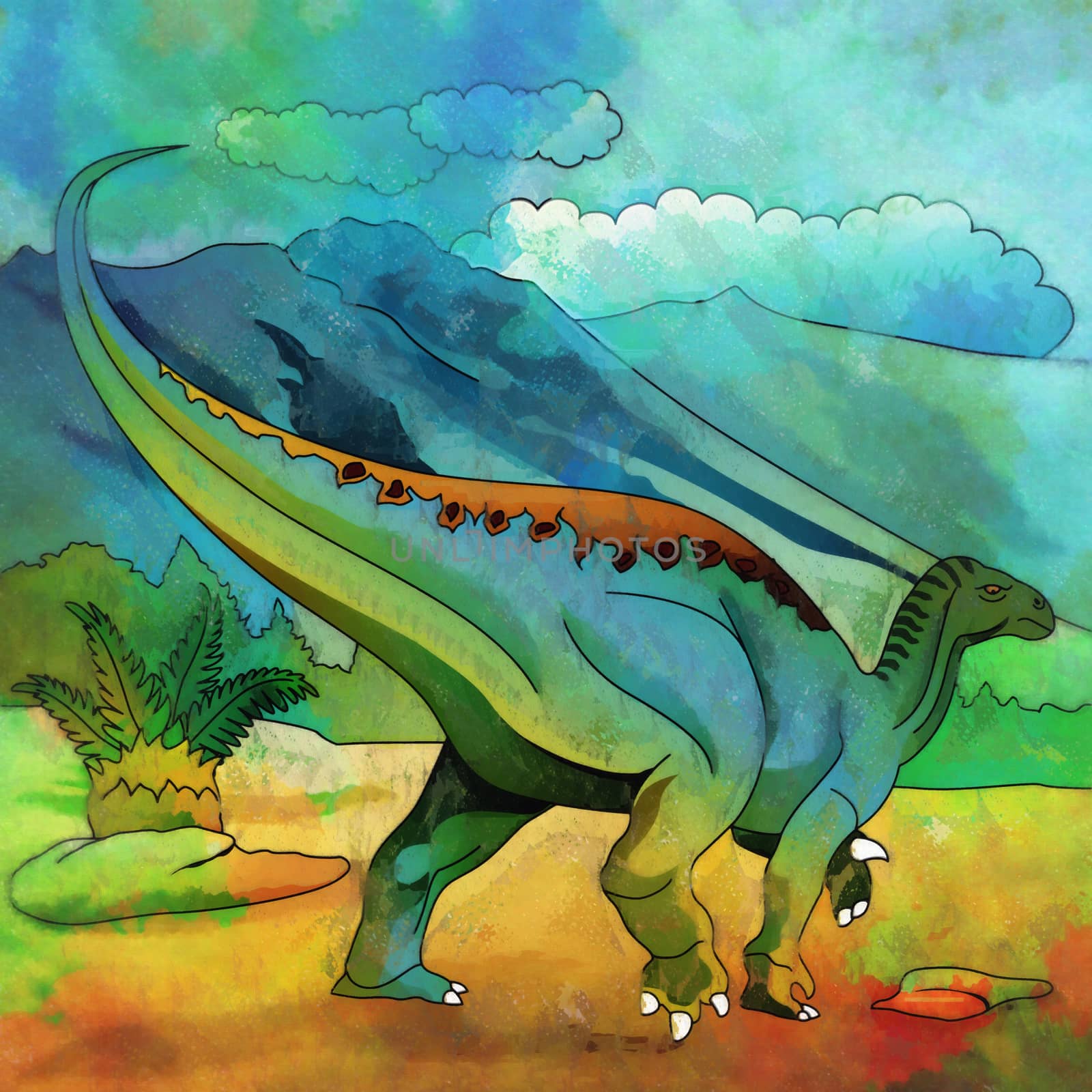 Plateosaurus. Illustration of a dinosaur in its habitat.