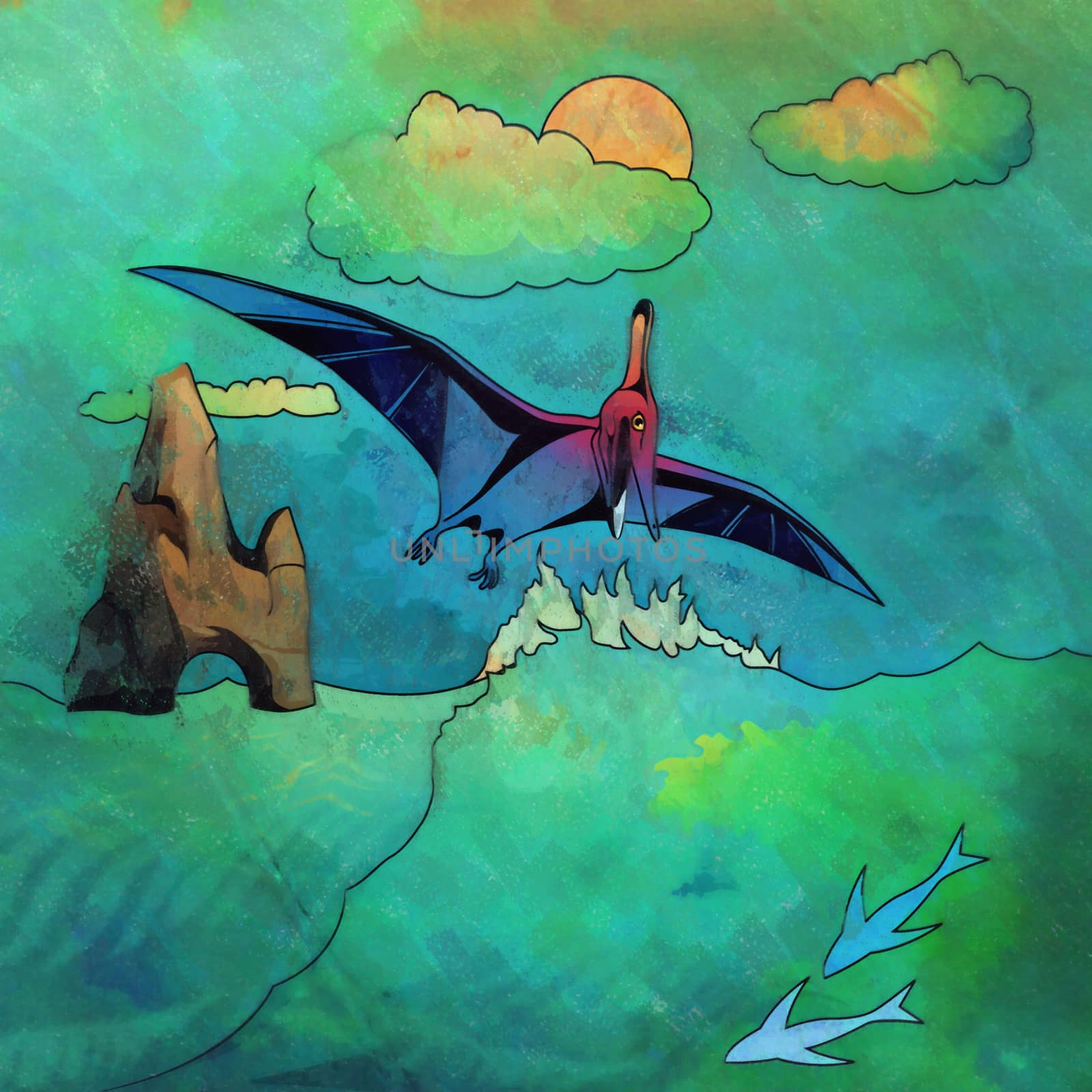 Pterosaurs. Illustration of a dinosaur in its habitat.