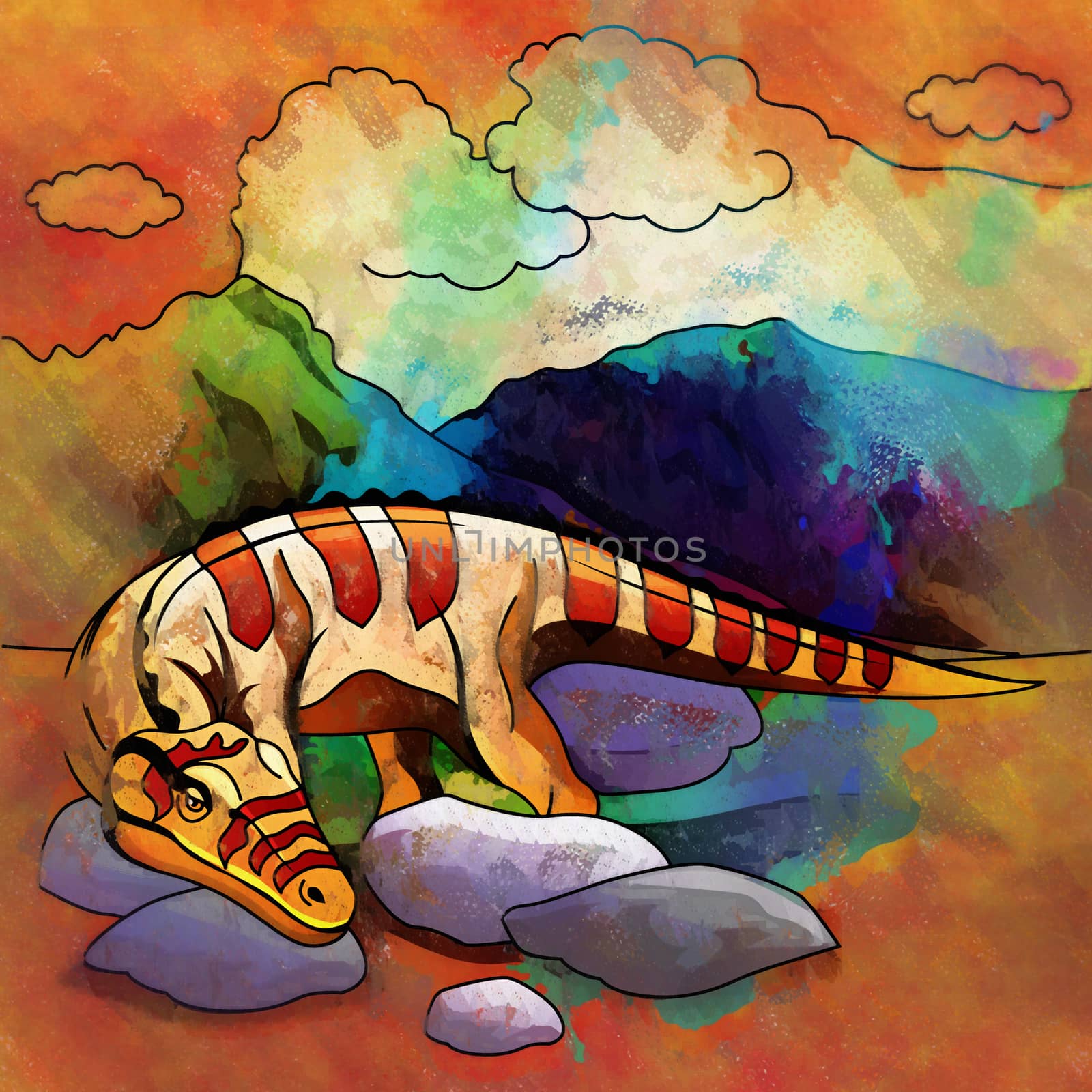 Heterodontosaurus. Illustration of a dinosaur in its habitat.