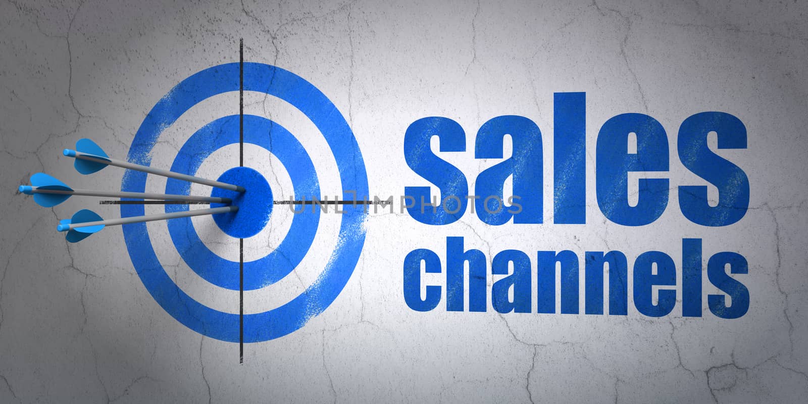 Success advertising concept: arrows hitting the center of target, Blue Sales Channels on wall background, 3D rendering