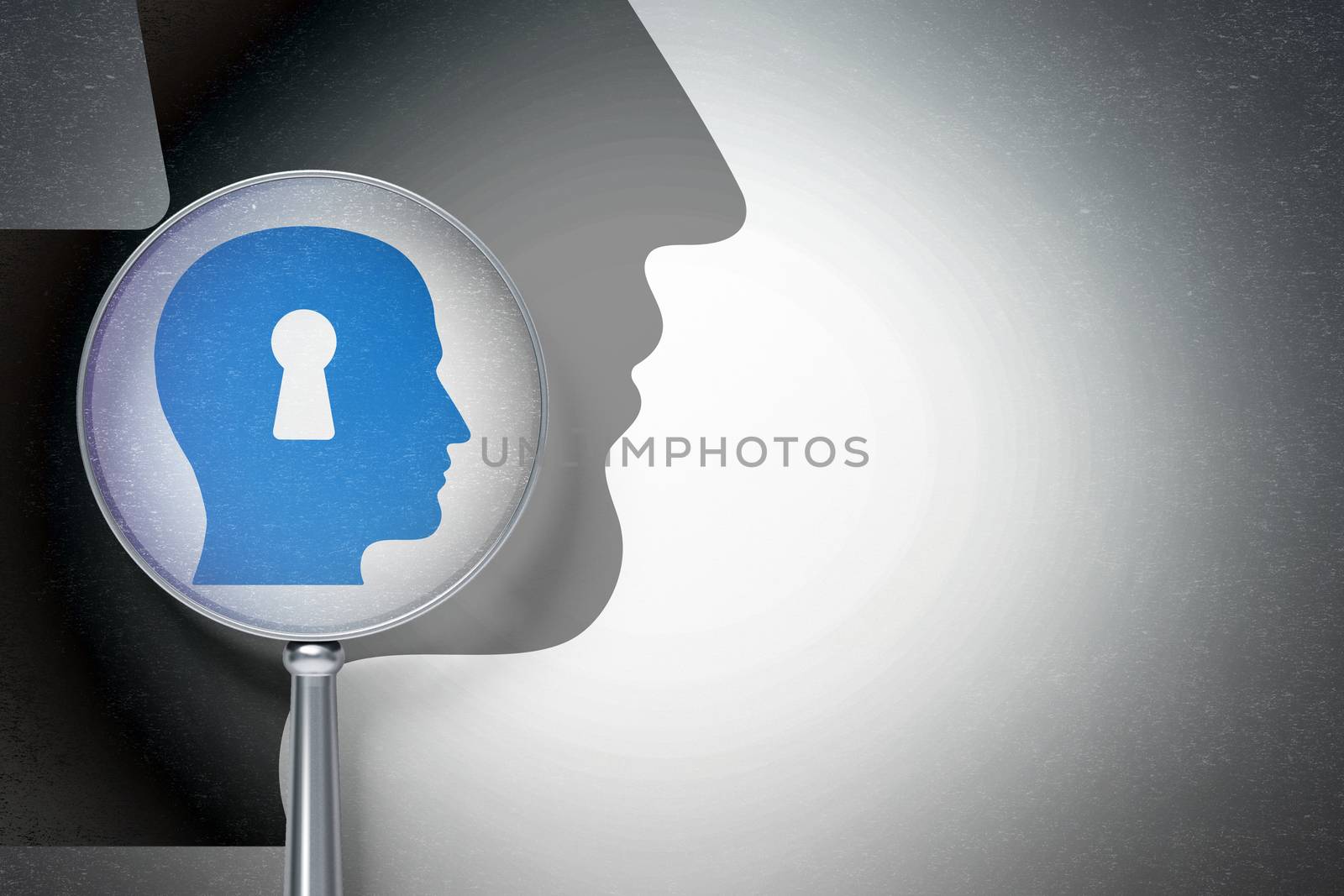 Marketing concept: magnifying optical glass with Head With Keyhole icon on digital background, empty copyspace for card, text, advertising, 3D rendering