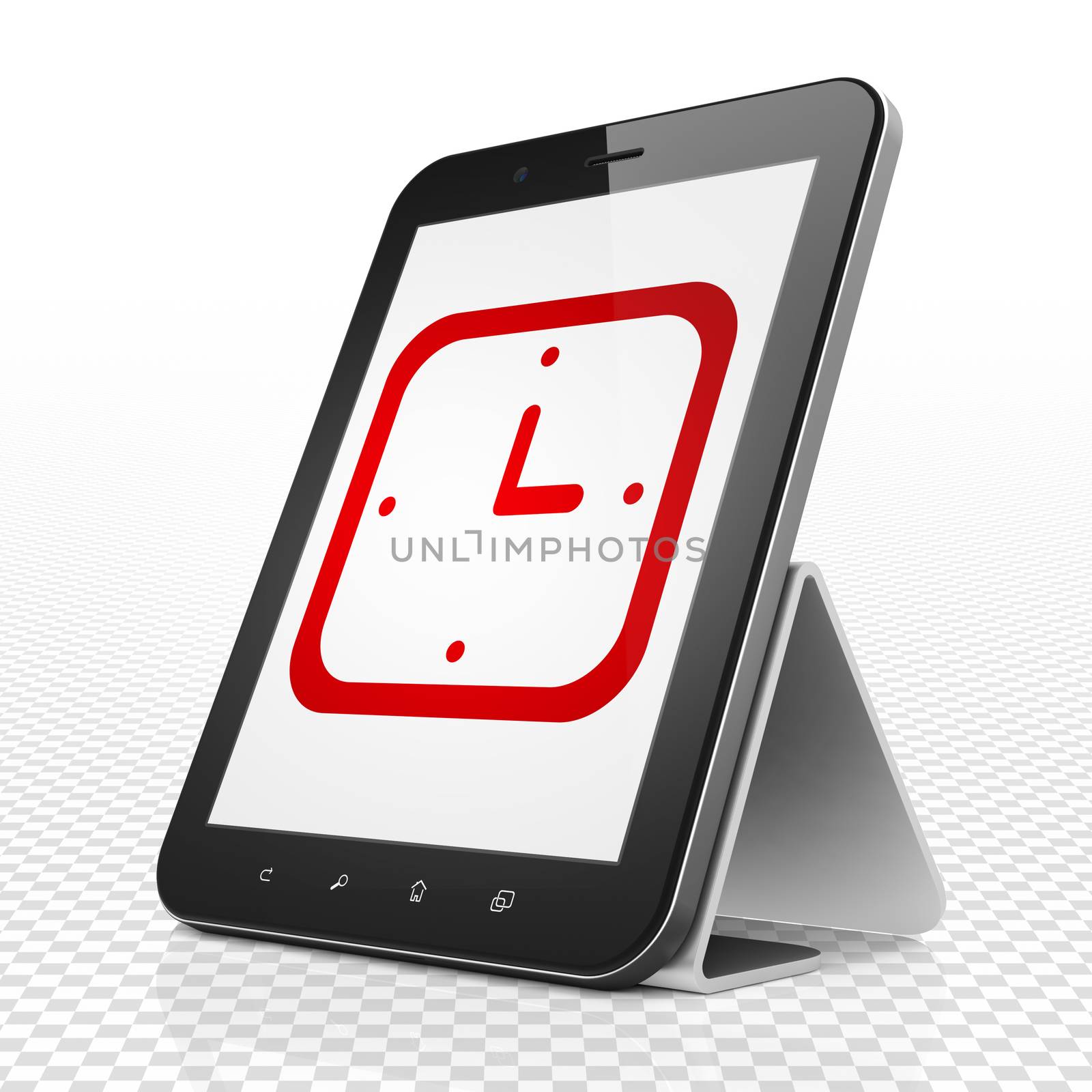 Timeline concept: Tablet Computer with red Watch icon on display, 3D rendering