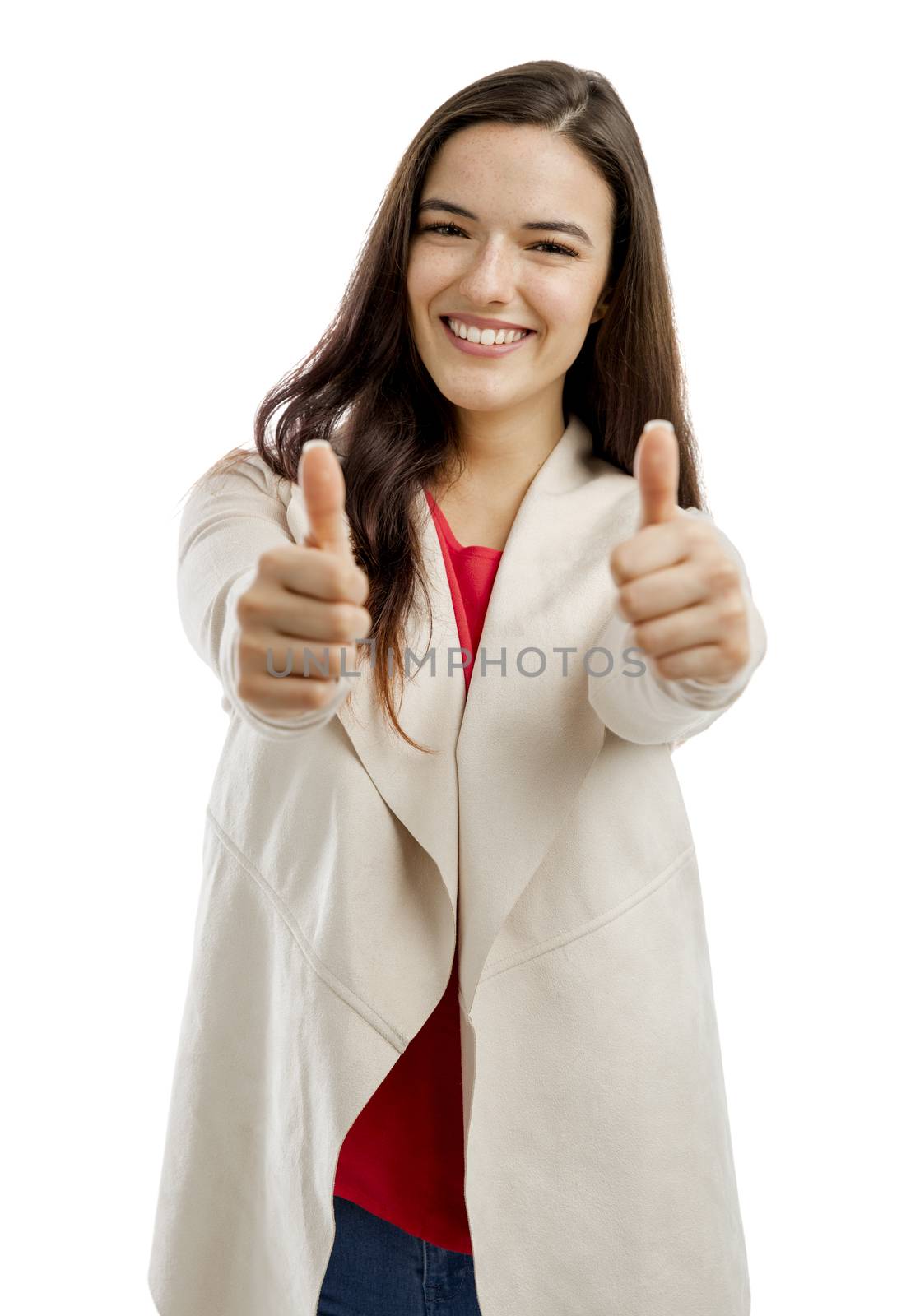 Beautiful and confident woman with thumbs up, isolated over white background 