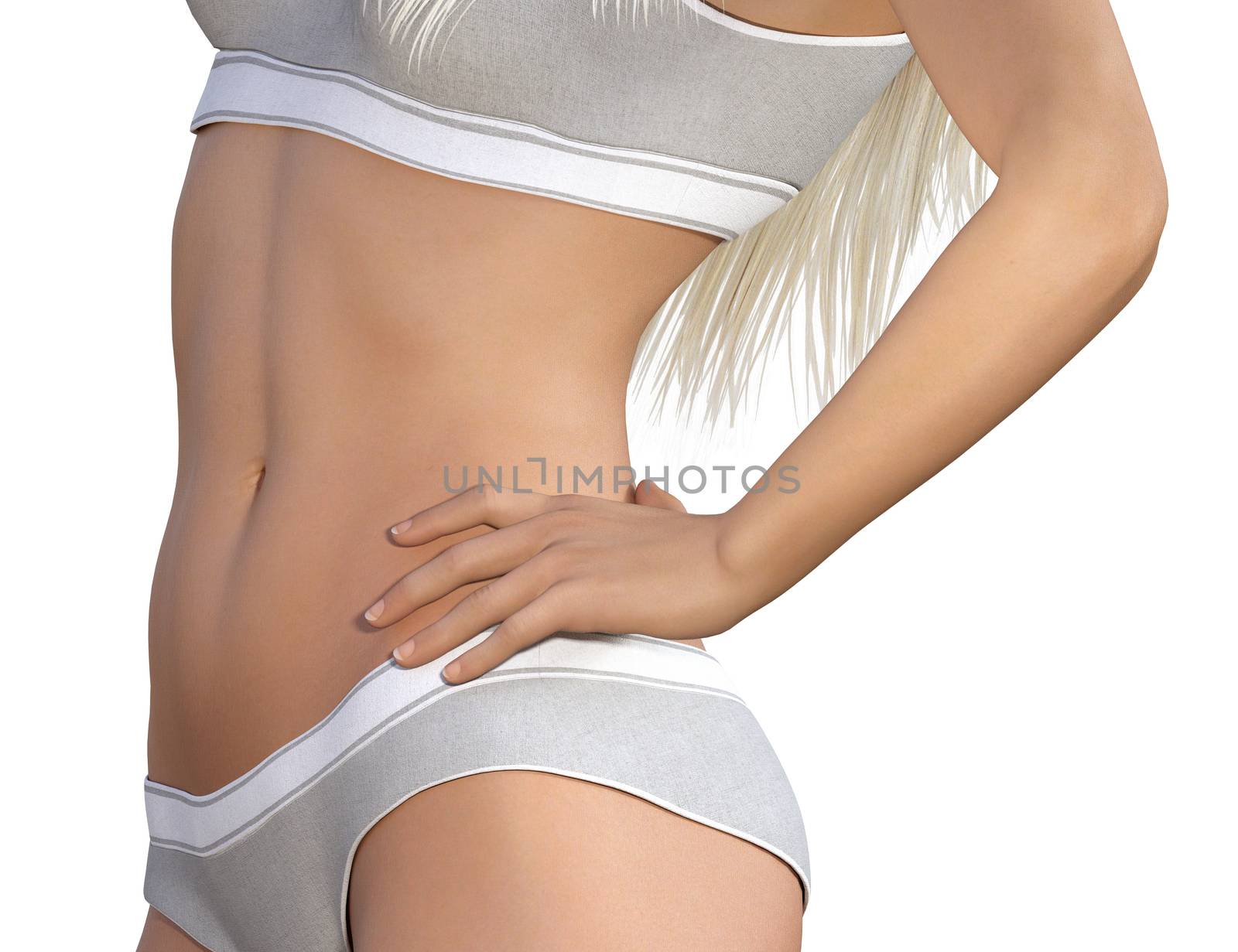 Fit Woman Showing Perfect Abs on White Background