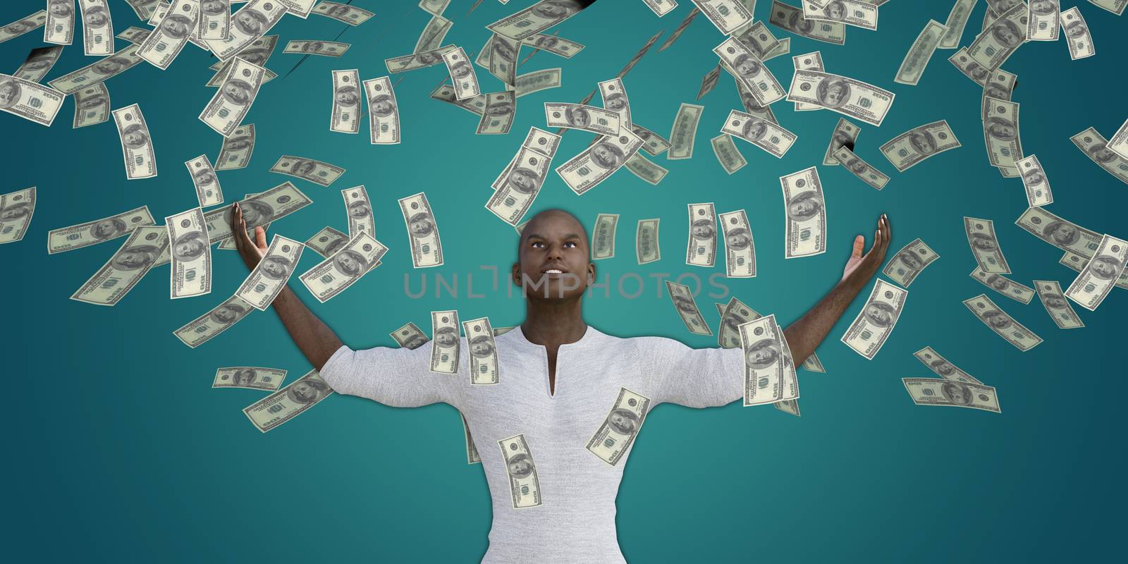 Black Man Catching Money Falling From the Sky in US Dollars