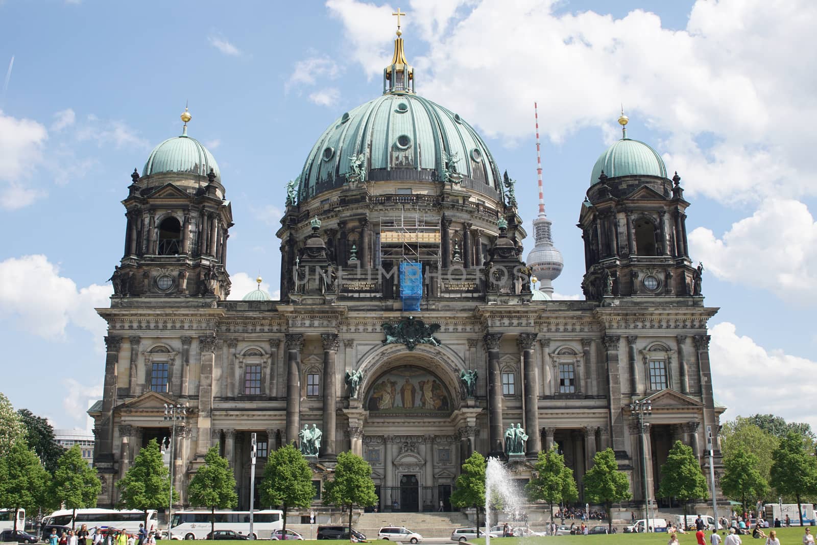 BERLIN, GERMANY - MAY 12, 2016: Cathedral with television tower, sights of Berlin on May 12, 2016 in Germany, Europe