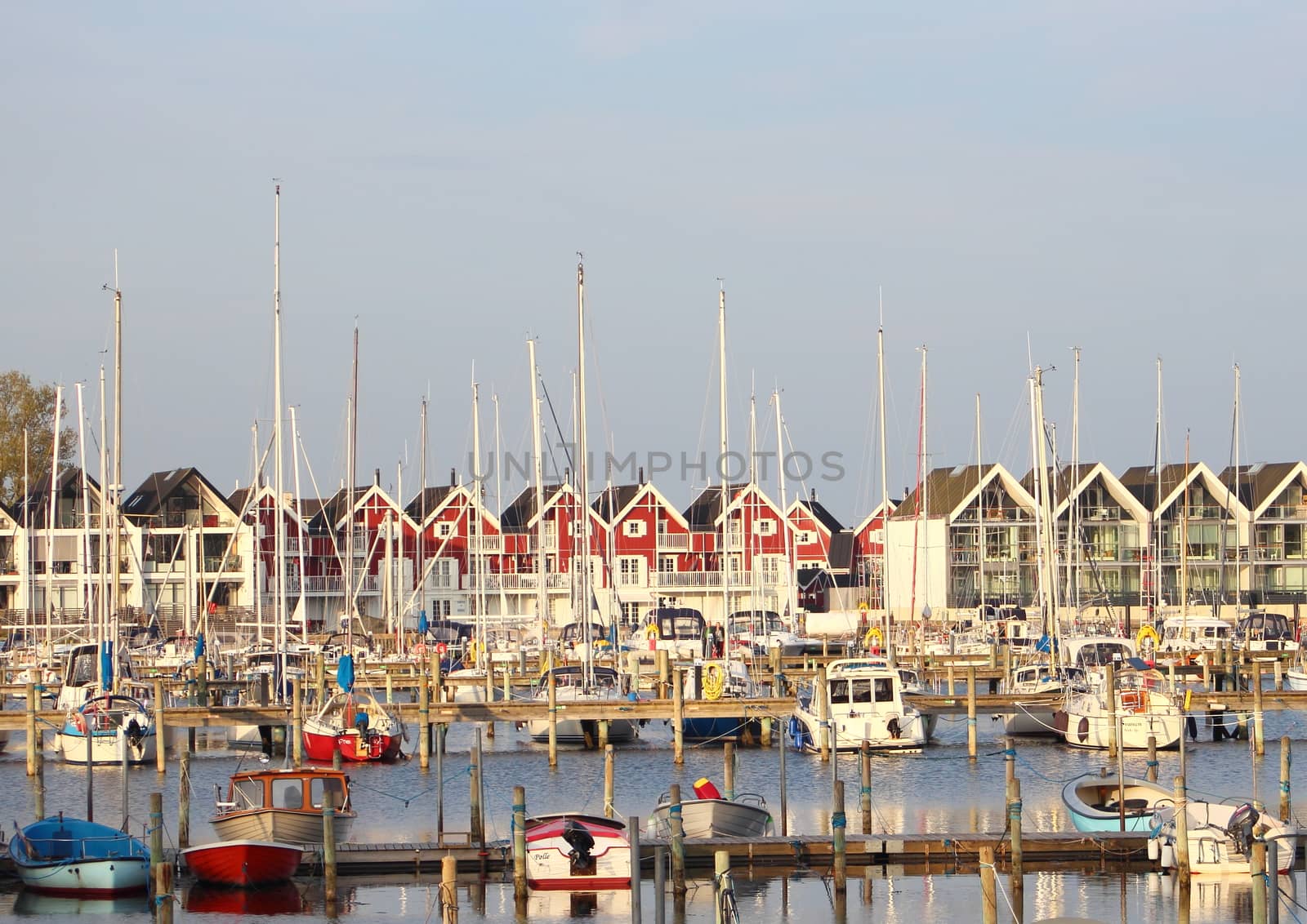 View of small yacht harbor with houses in backgound by HoleInTheBox