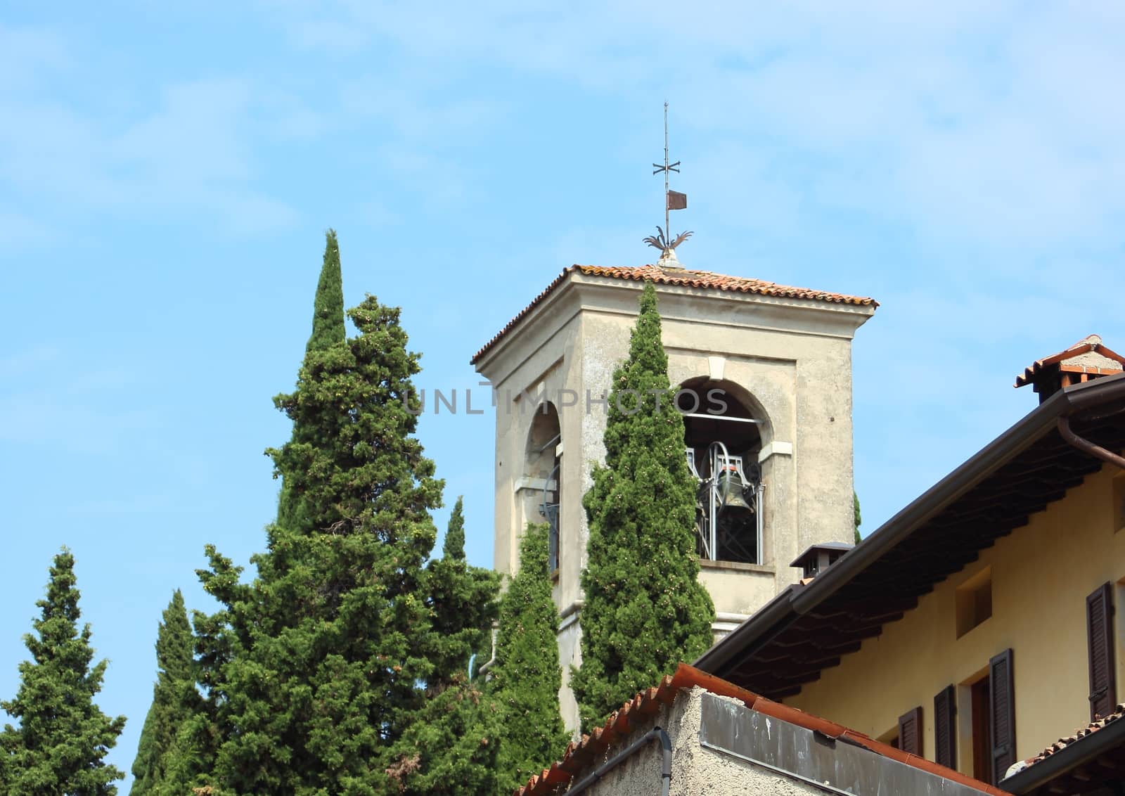 Bell tower in old historic village in Italy