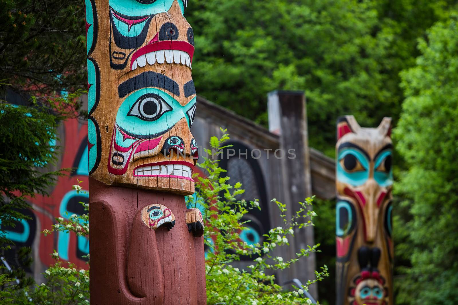 Totem Poles Near Saxman Tribal House  by Creatista