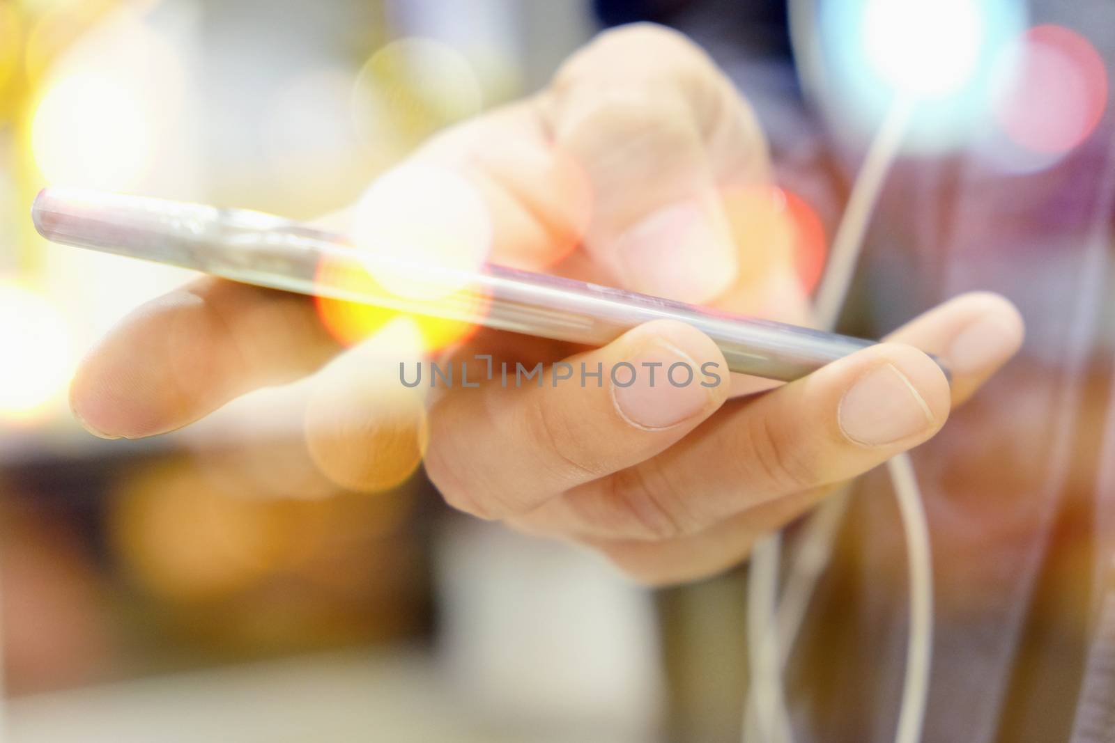 communication technology concept, close up image of people using smart phone, Multiple exposure of smart phone and Bokeh