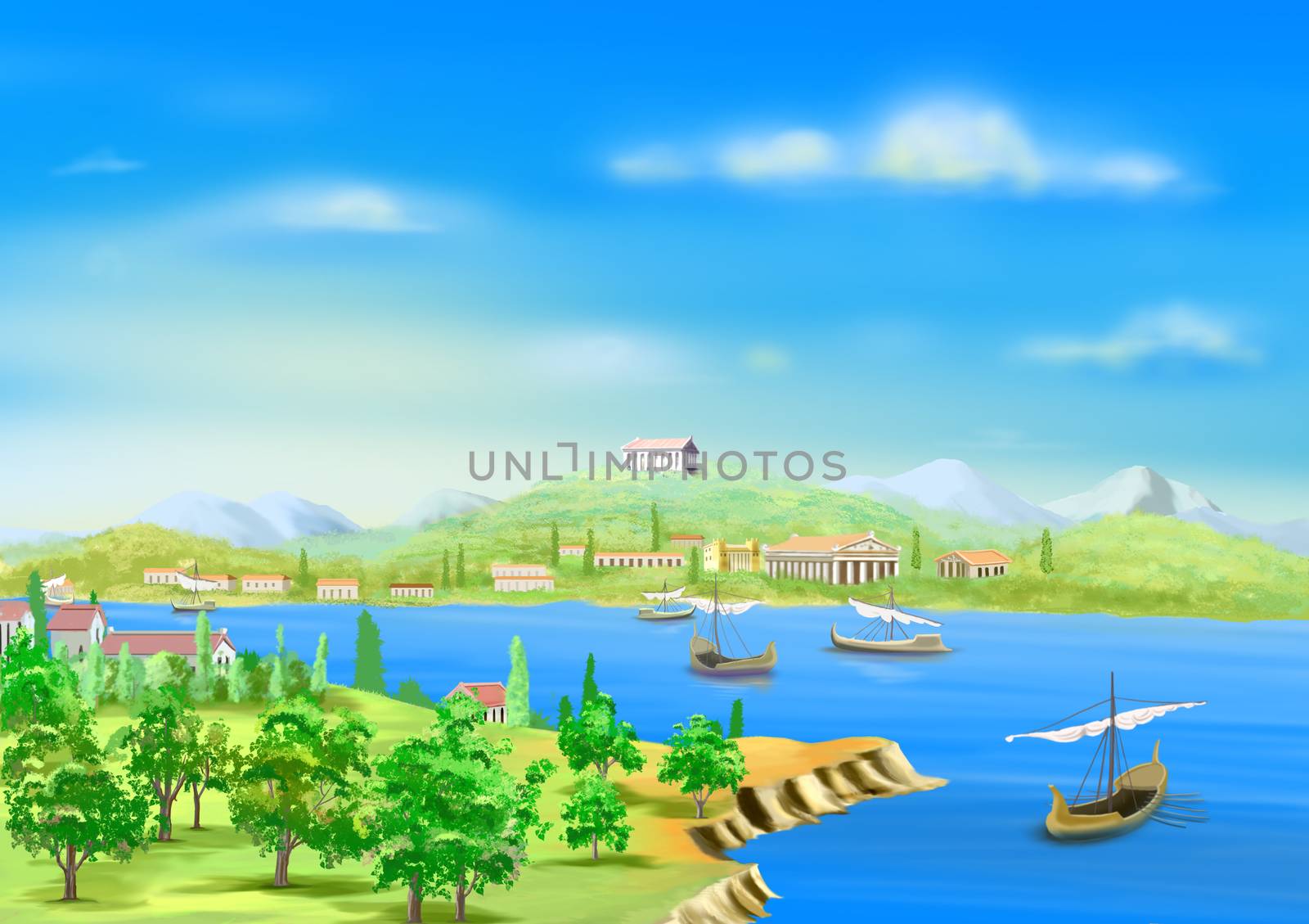 Digital Painting, Illustration of the ancient city in Egypt, on the banks of the Nile River in Realistic Cartoon Style