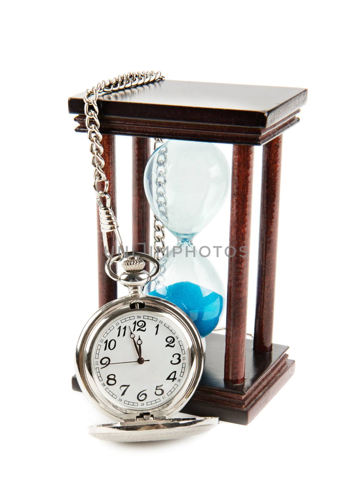 hourglass and a pocket watch isolated on white background